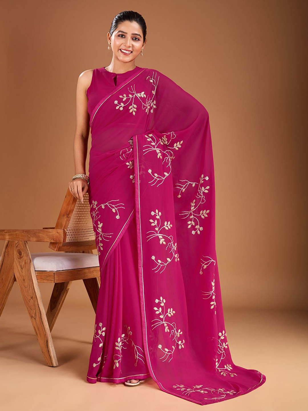 

House of Pataudi Sequinned Embroidered Saree with Blouse Piece, Magenta