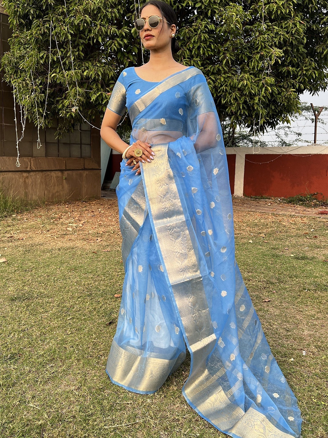 

bansari textiles Woven Design Zari Organza Saree, Blue