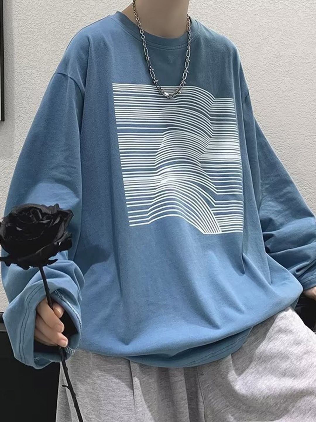 

HERE&NOW Men Striped Round Neck Oversized T-shirt, Blue