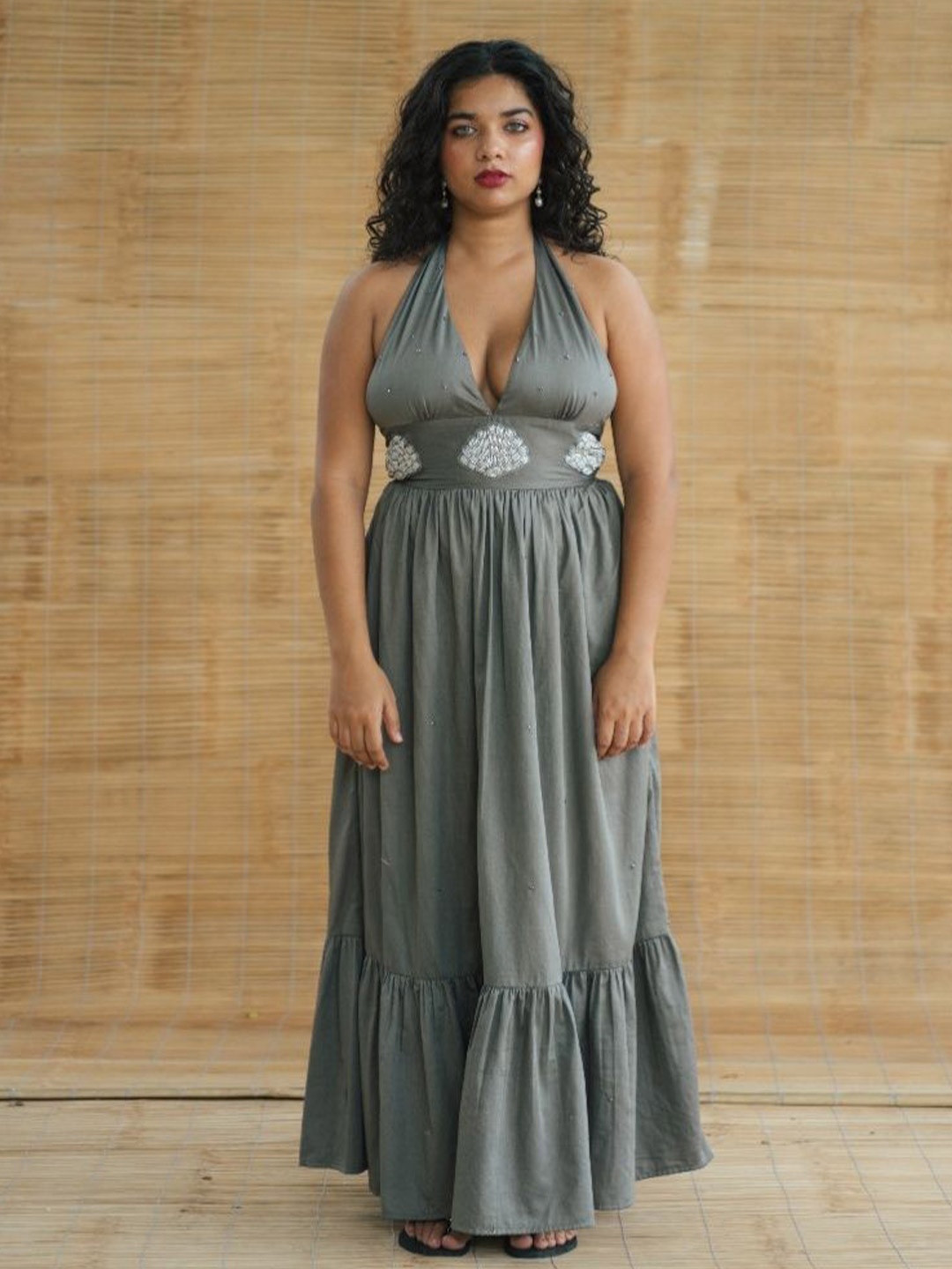 

LABEL SUGAR Women Halter Neck Embroidered Satin Fit & Flare Maxi Dress, Grey