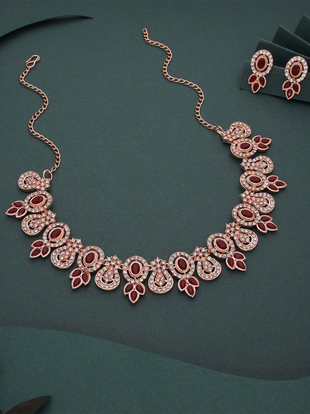 

Lyriss Gold-Plated American Diamond Stone-Studded Necklace & Earrings, Maroon
