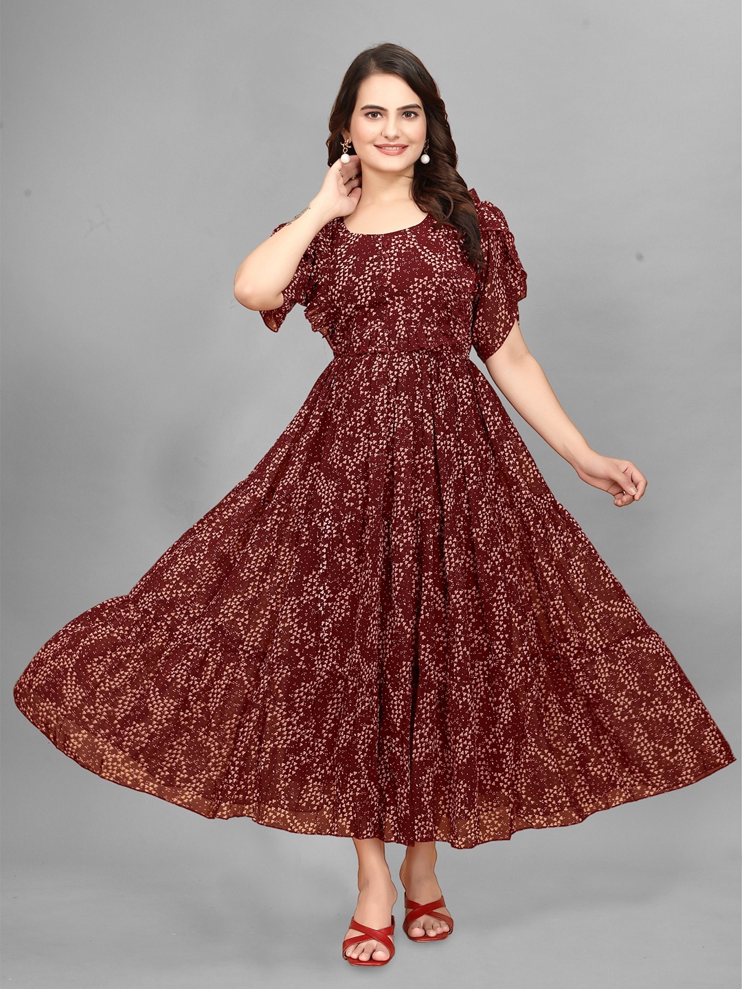 

Anouk Women Floral Printed Flutter Sleeve Maxi Dress, Maroon
