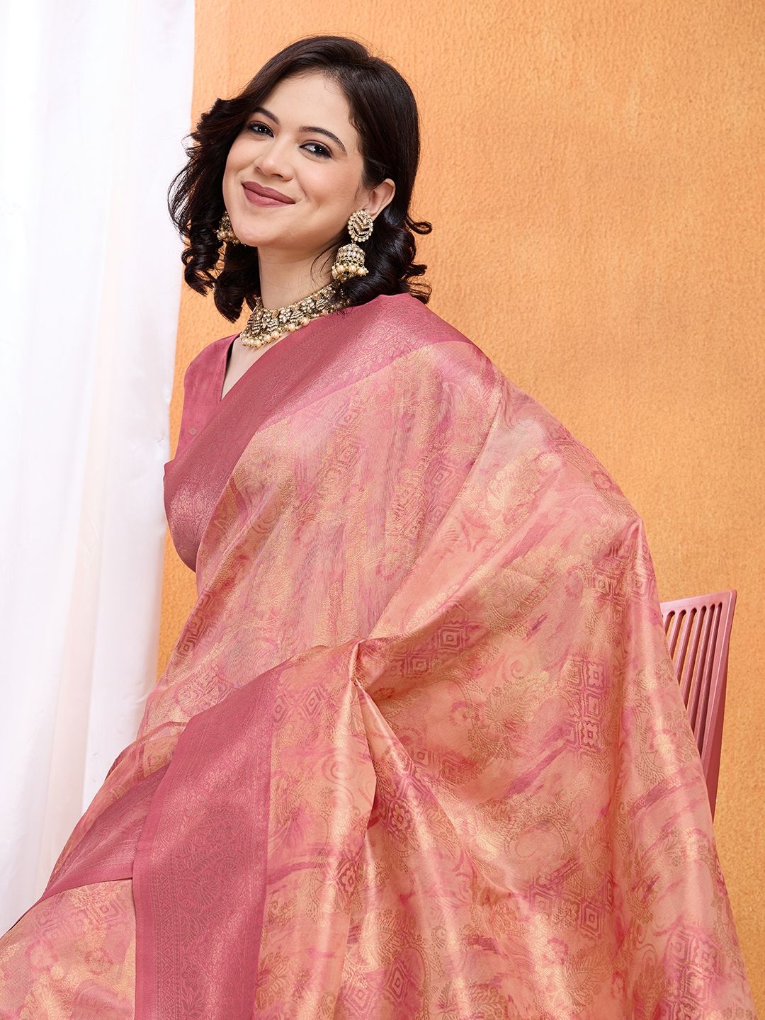 

Ethnielle Woven Design Zari Silk Blend Banarasi Saree, Peach