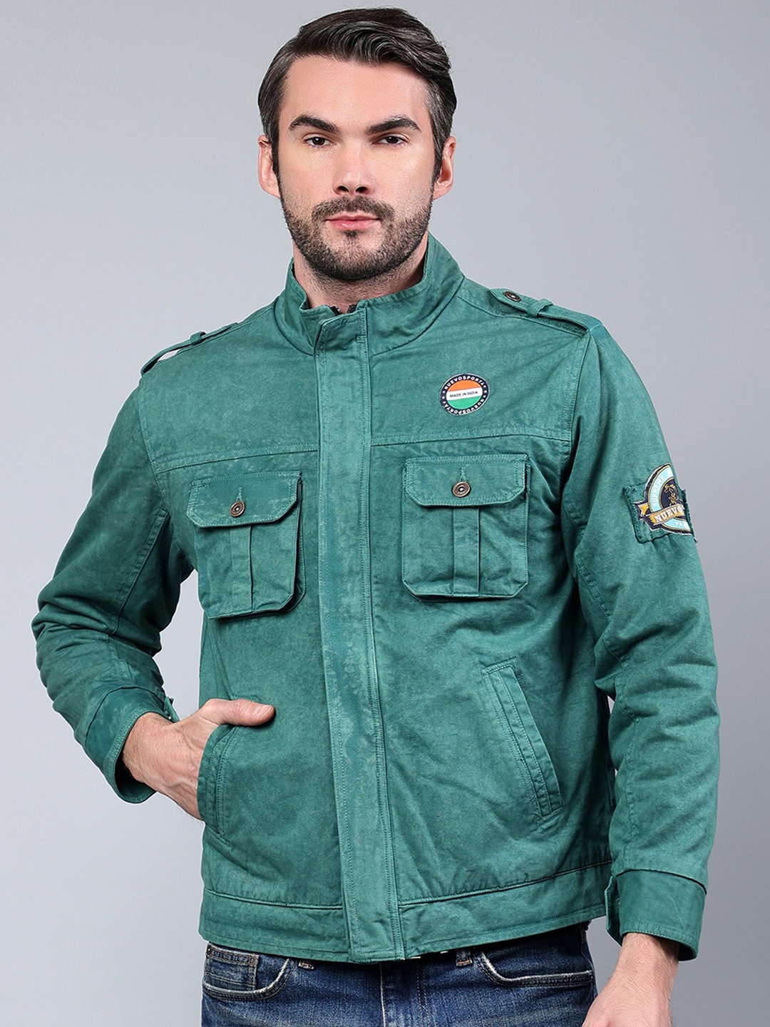 

NUEVOSDAMAS Men Mock Collar Solid Cotton Casual Denim Jacket, Green