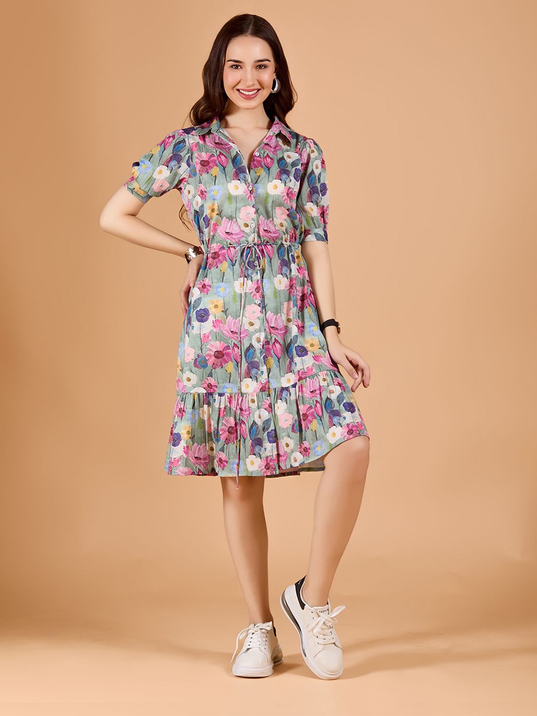 

DressBerry Floral Printed Crepe Shirt Dress With Tie-Ups, Green