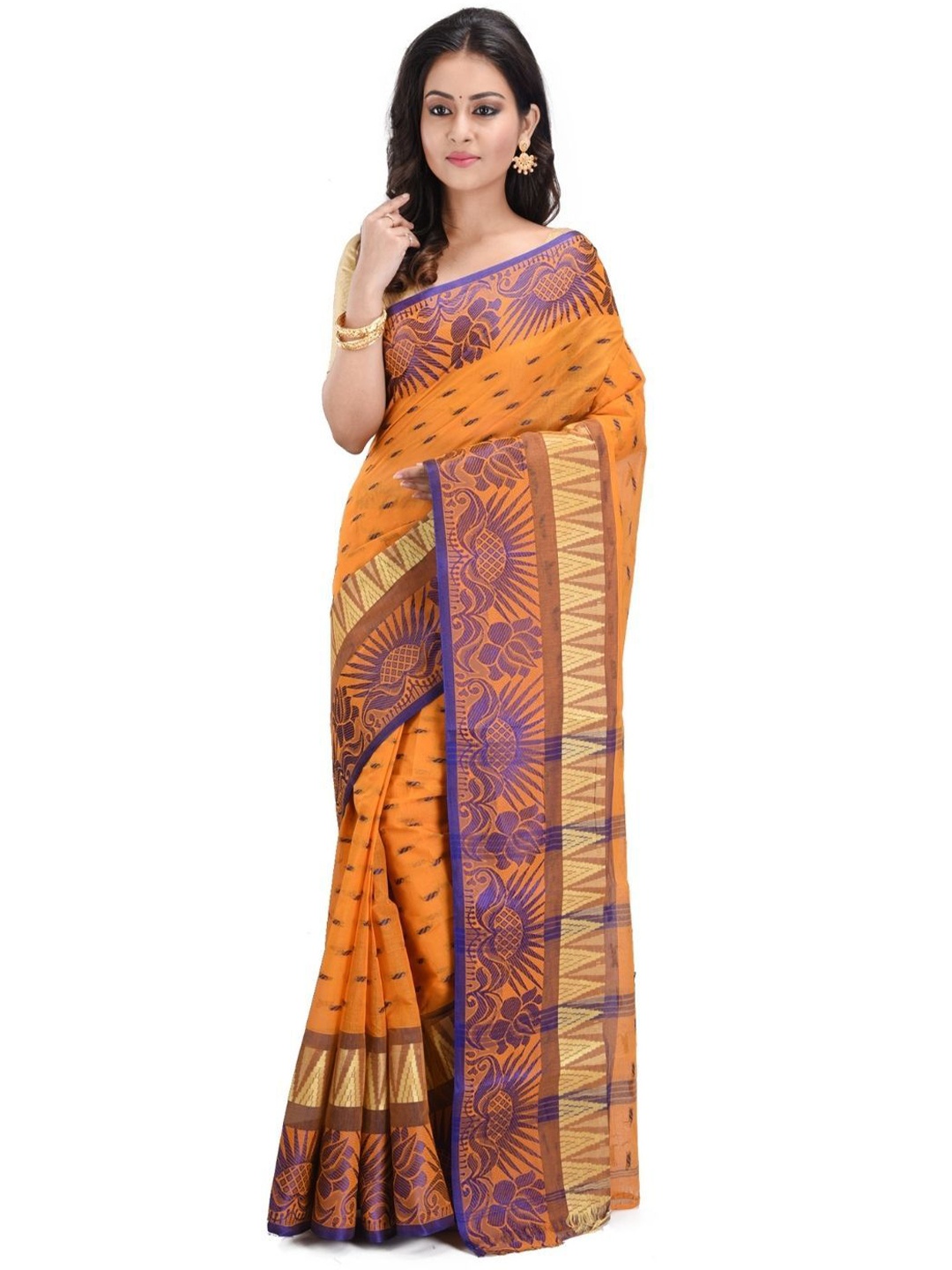 

RAJ SAREE HOUSE Woven Design Pure Cotton Jamdani Saree, Mustard