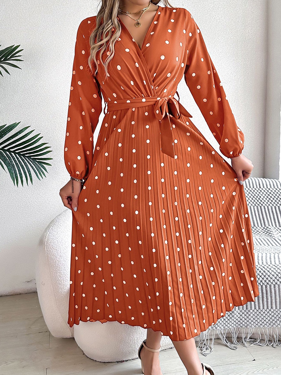 

StyleCast x Revolte Women Polka Dot Printed Fit & Flare Midi Dress, Orange