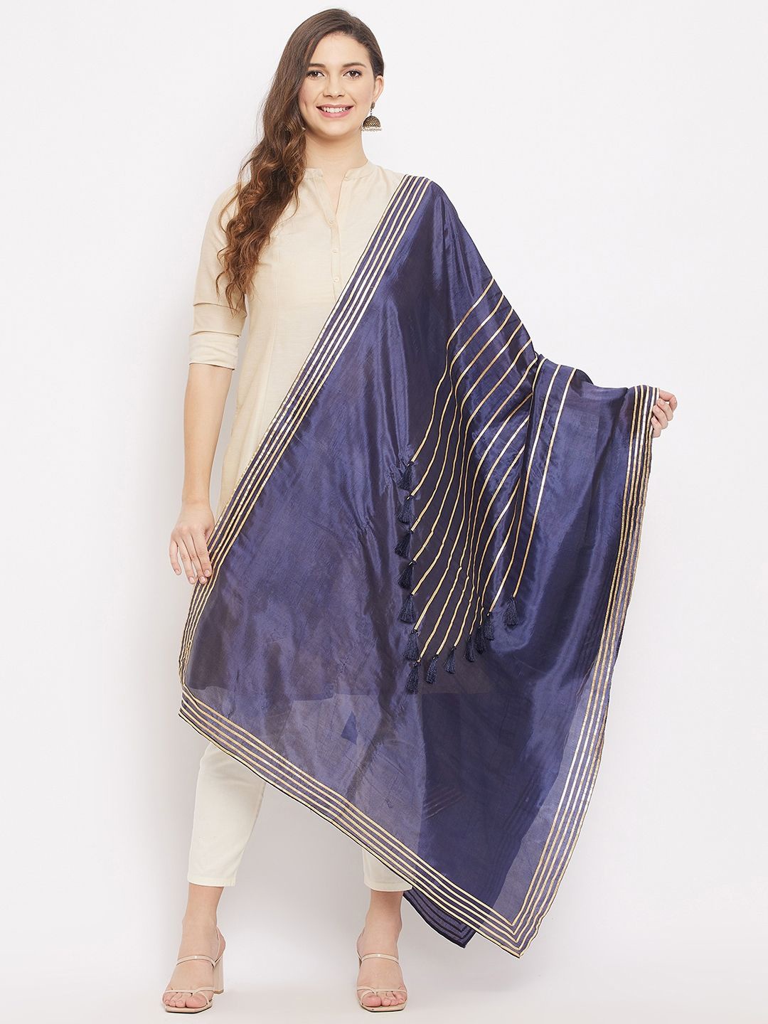 

Clora Creation Striped Embroidered Dupatta With Gotta Patti, Navy blue
