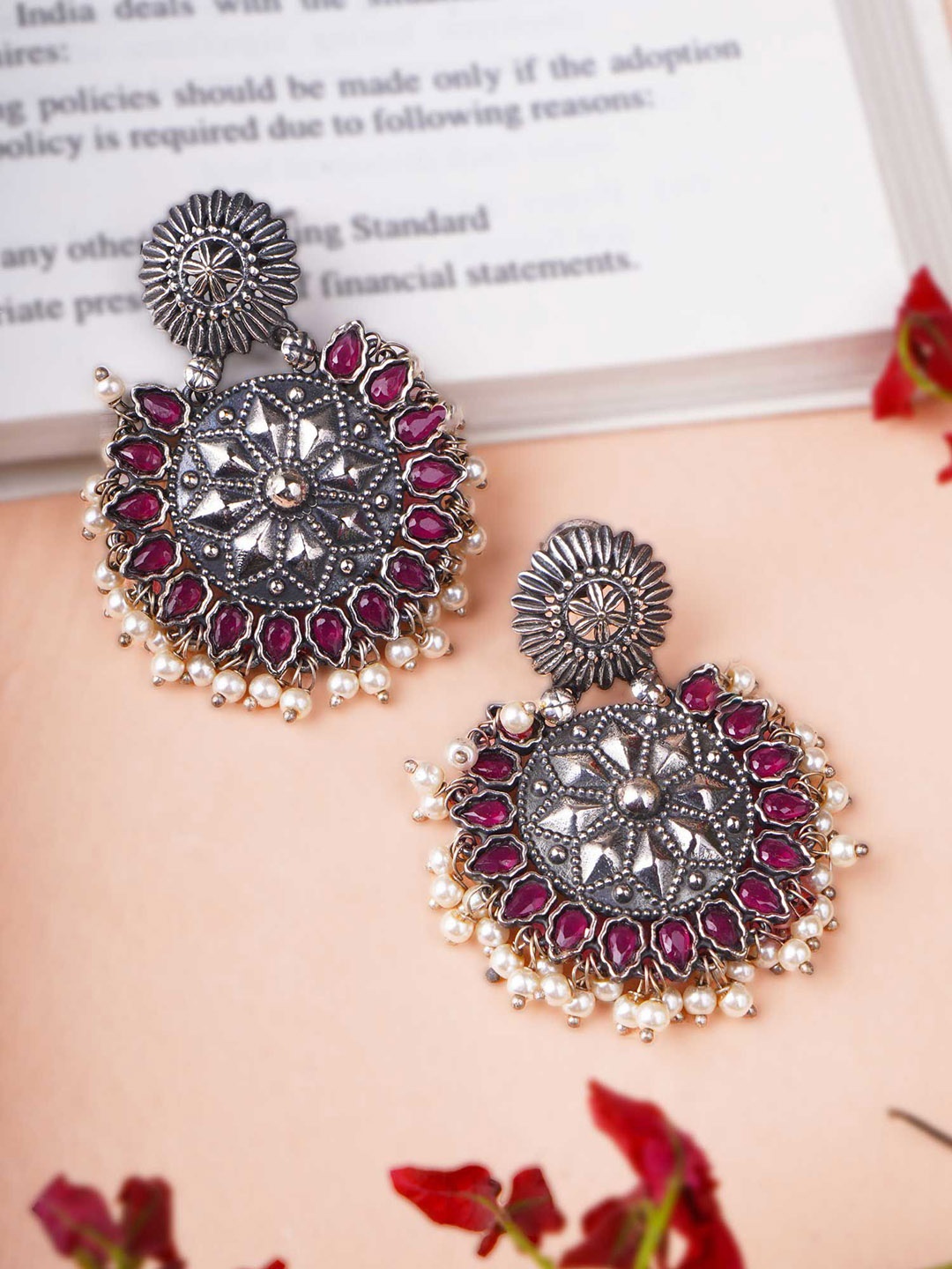 

Sangria PInk Silver-Plated Artificial Stones Studded And Pearls Beaded Chandbalis