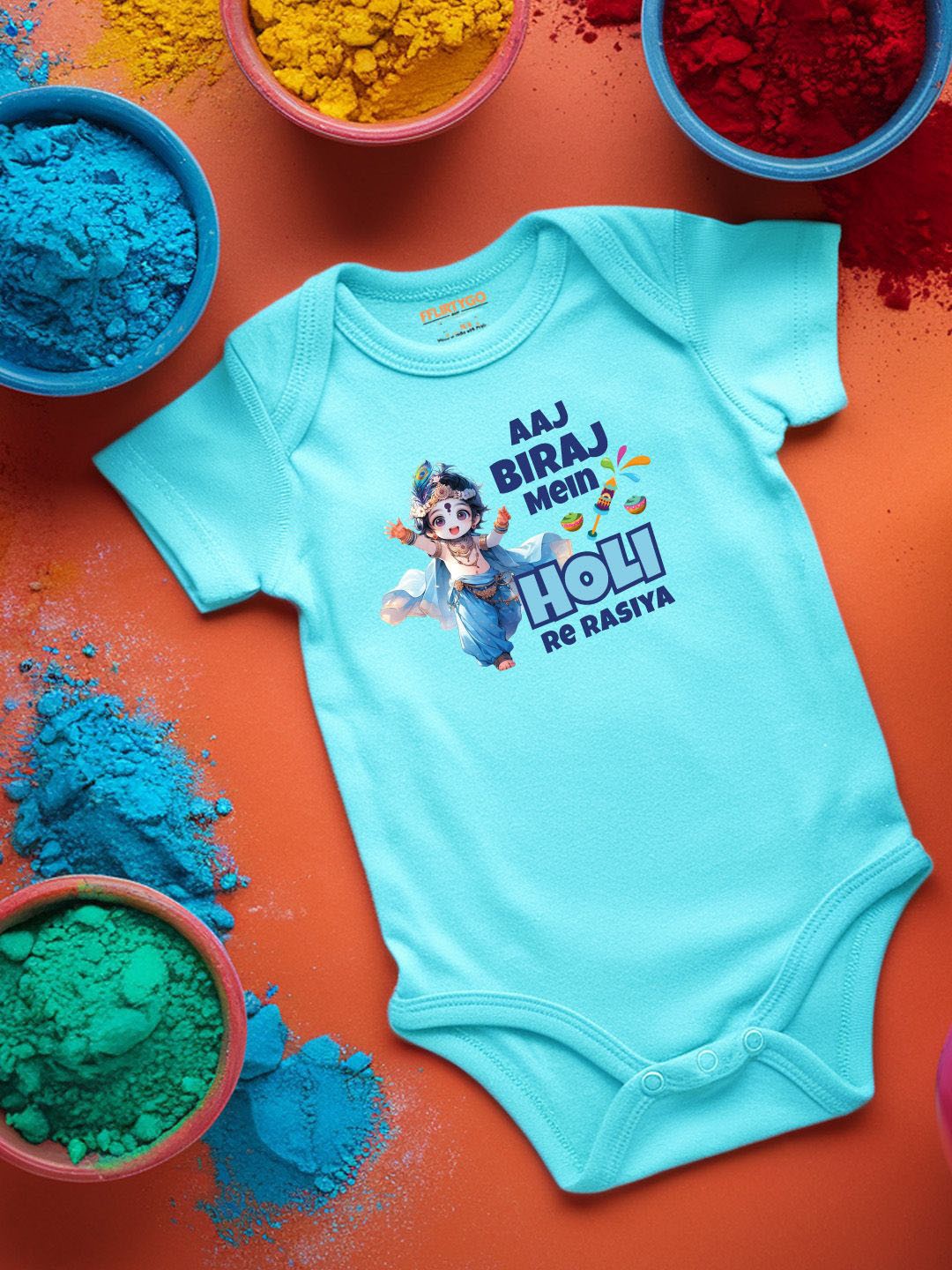 

FFLIRTYGO Infants Holi Printed Cotton Bodysuit, Turquoise blue