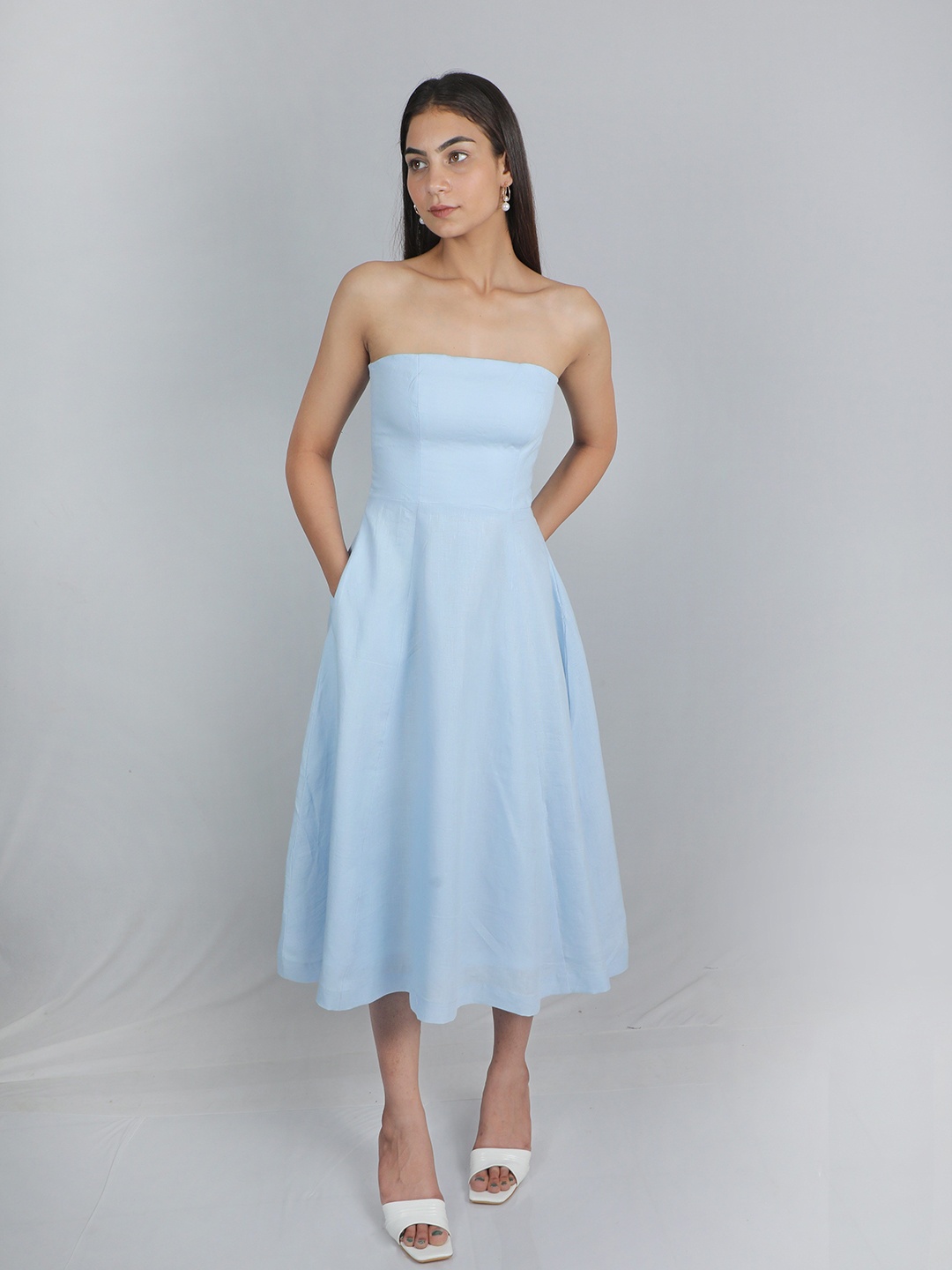 

House of Harakh Women Bandeau Midi Dress, Blue