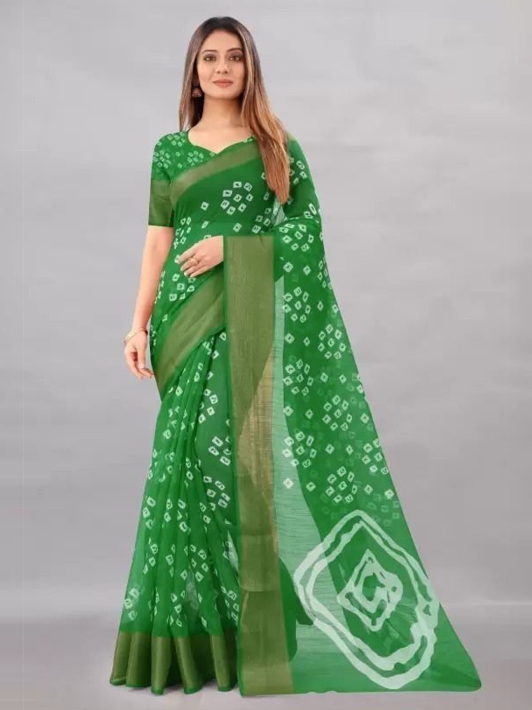 

bansari textiles Floral Zari Pure Silk Bandhani Saree, Green