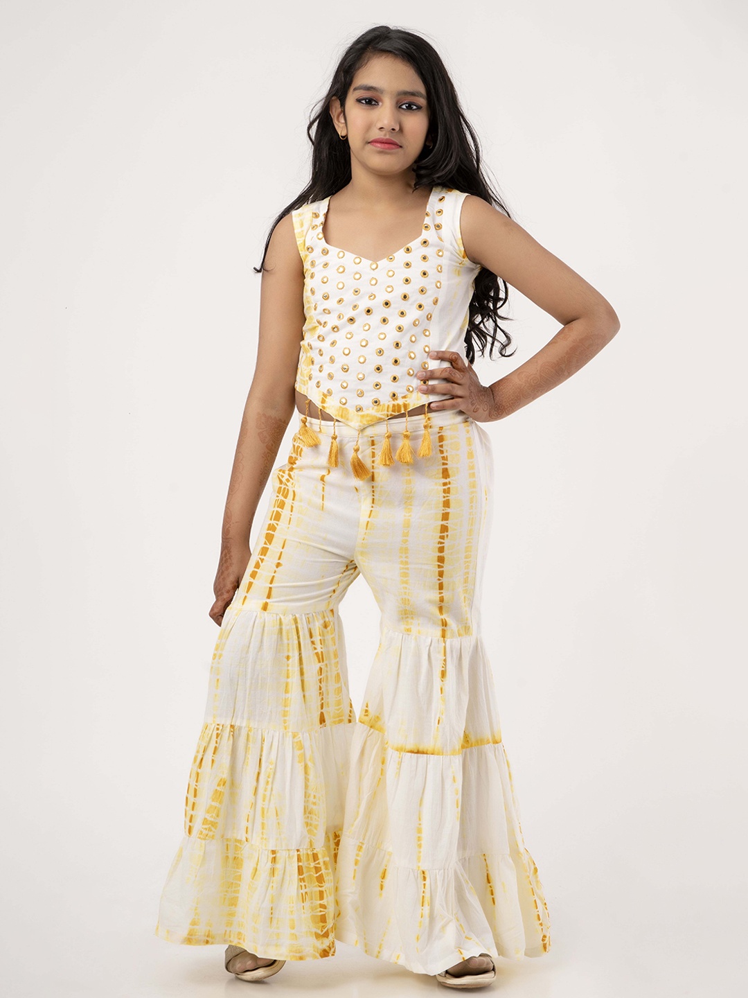 

TUNIYA Girls Embroidered Sleeveless Top With Sharara, Yellow