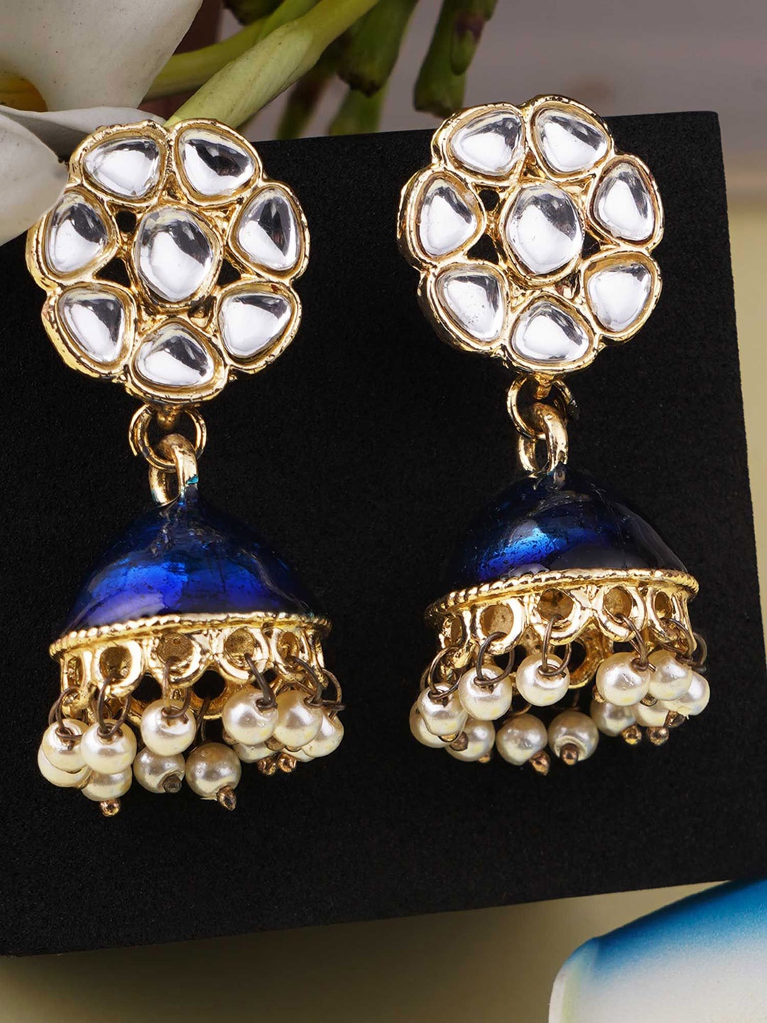 

Anouk Gold-Plated And Blue Artificial Stones Studded Dome Shaped Jhumkas