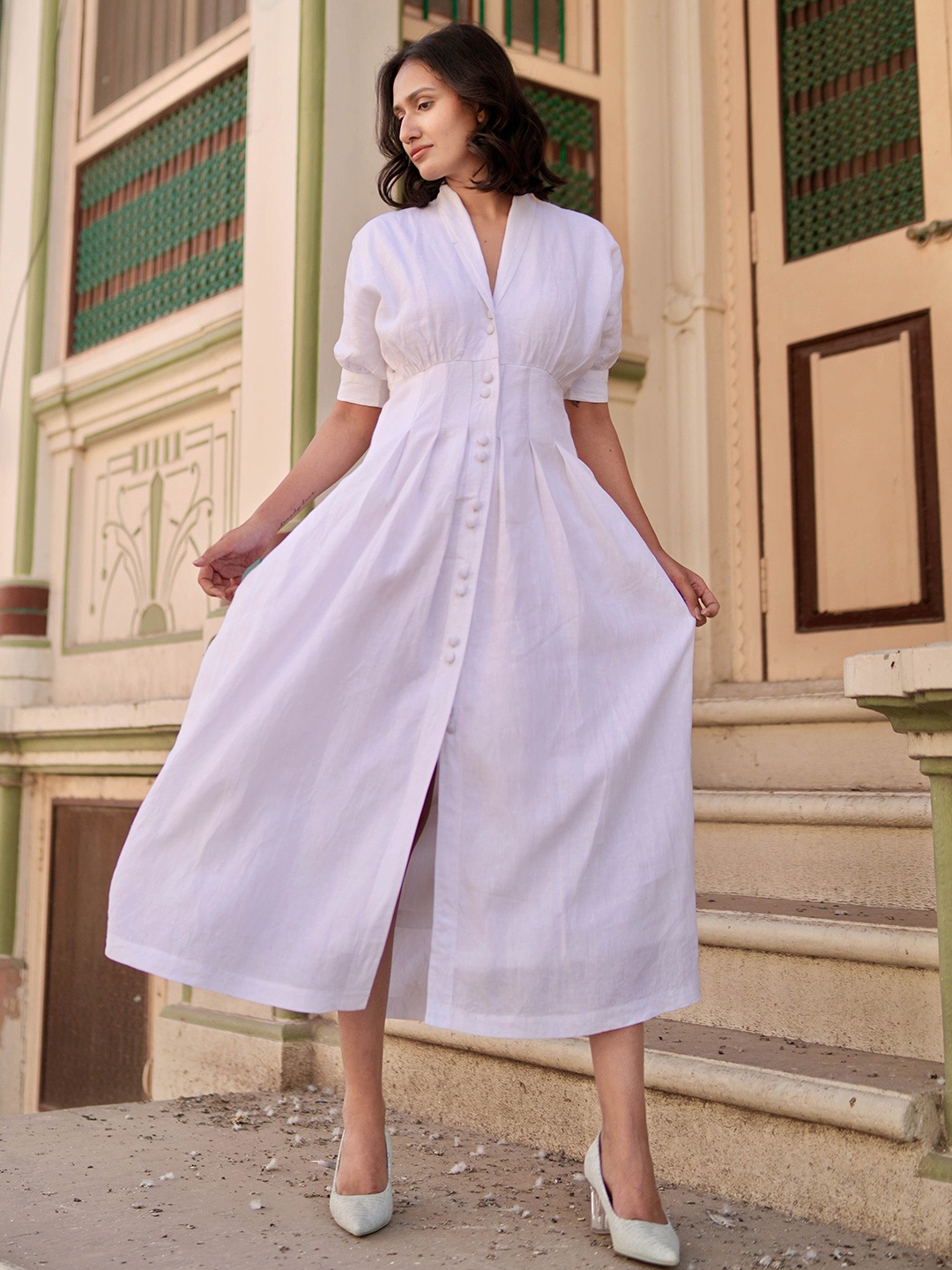 

House of Harakh Women Pure Linen A-Line Midi Dress, White