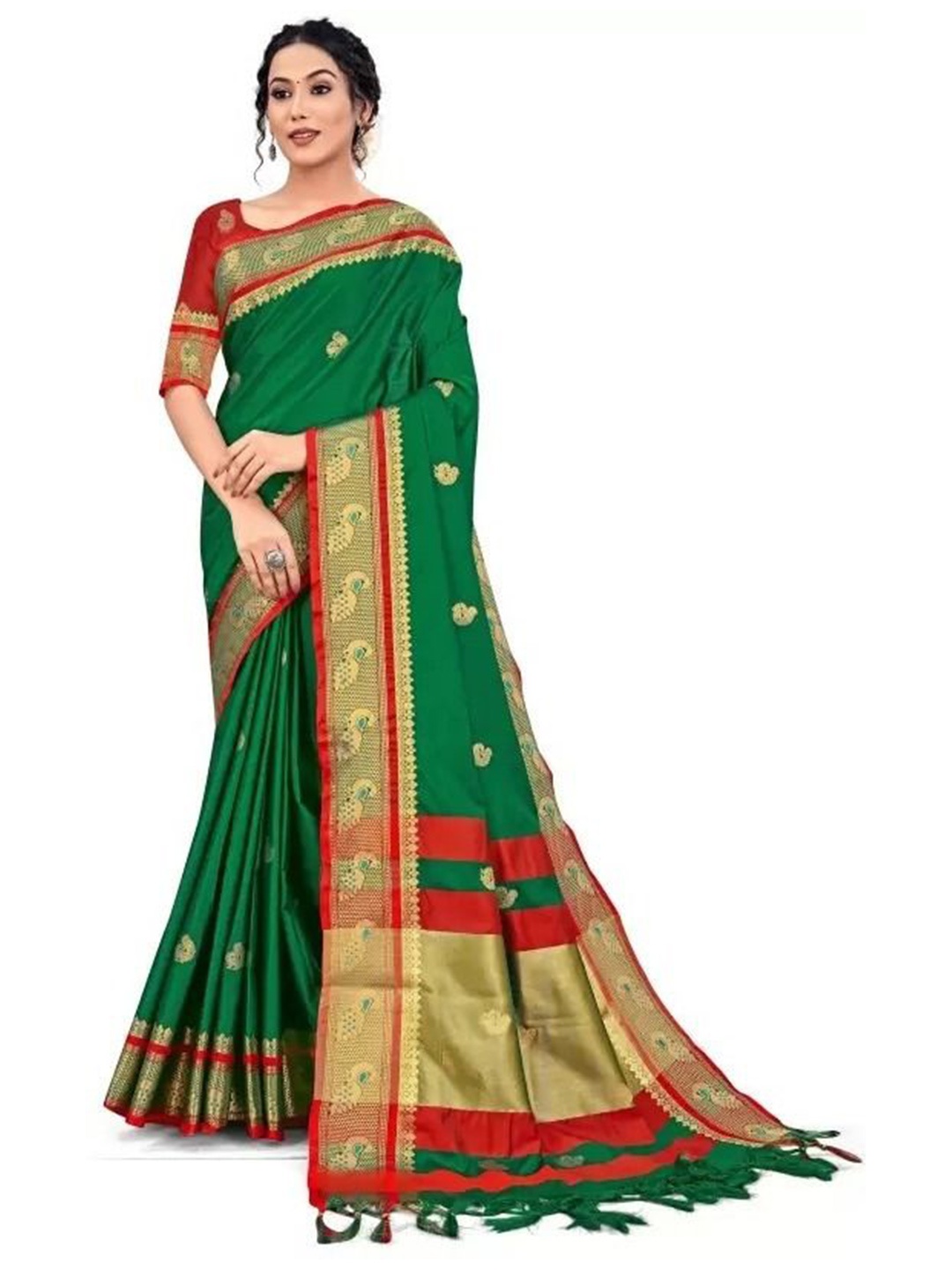

bansari textiles Woven Design Zari Maheshwari Saree, Green