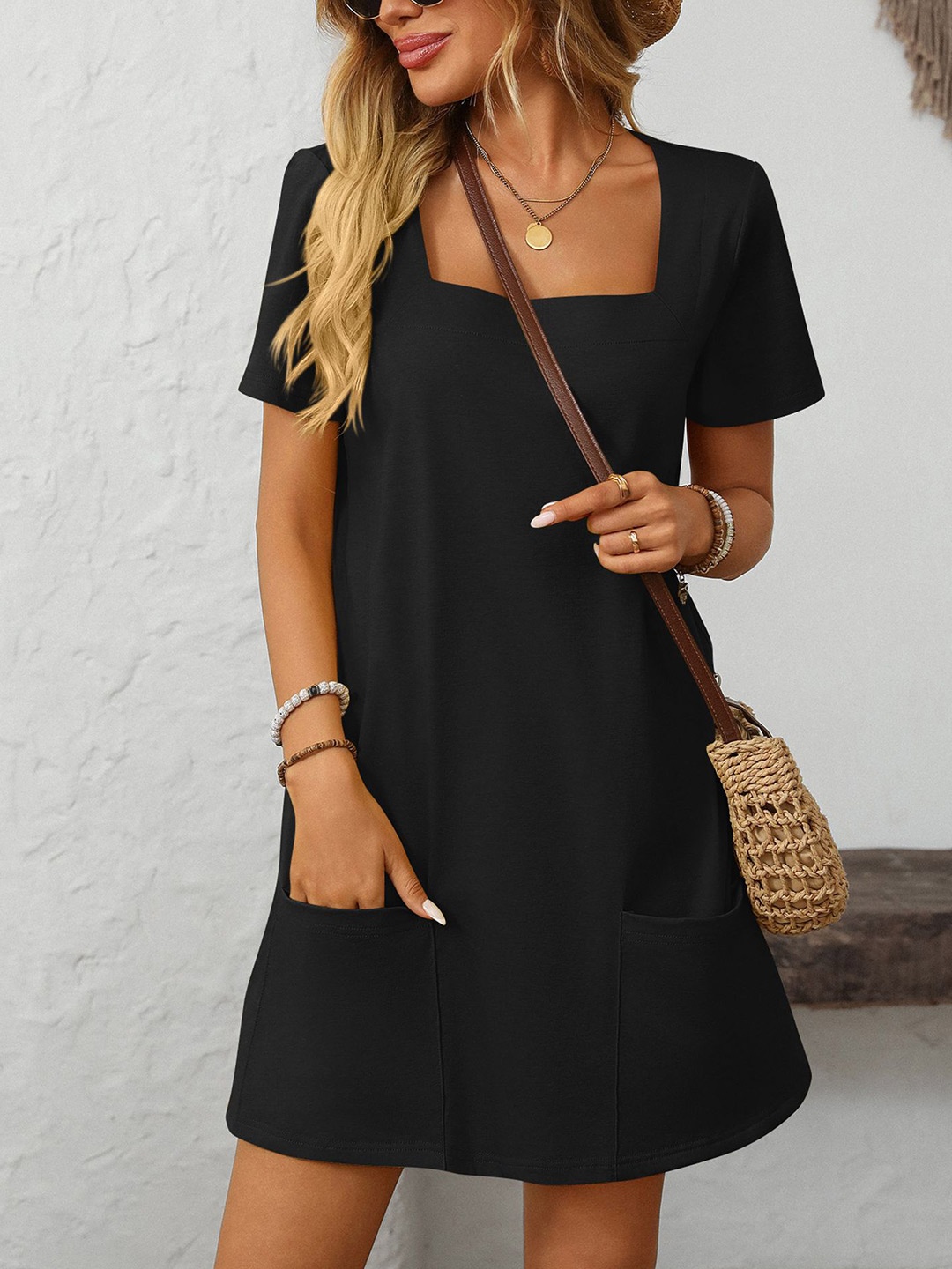 

StyleCast x Revolte Women Square Neck A-Line Mini Dress, Black