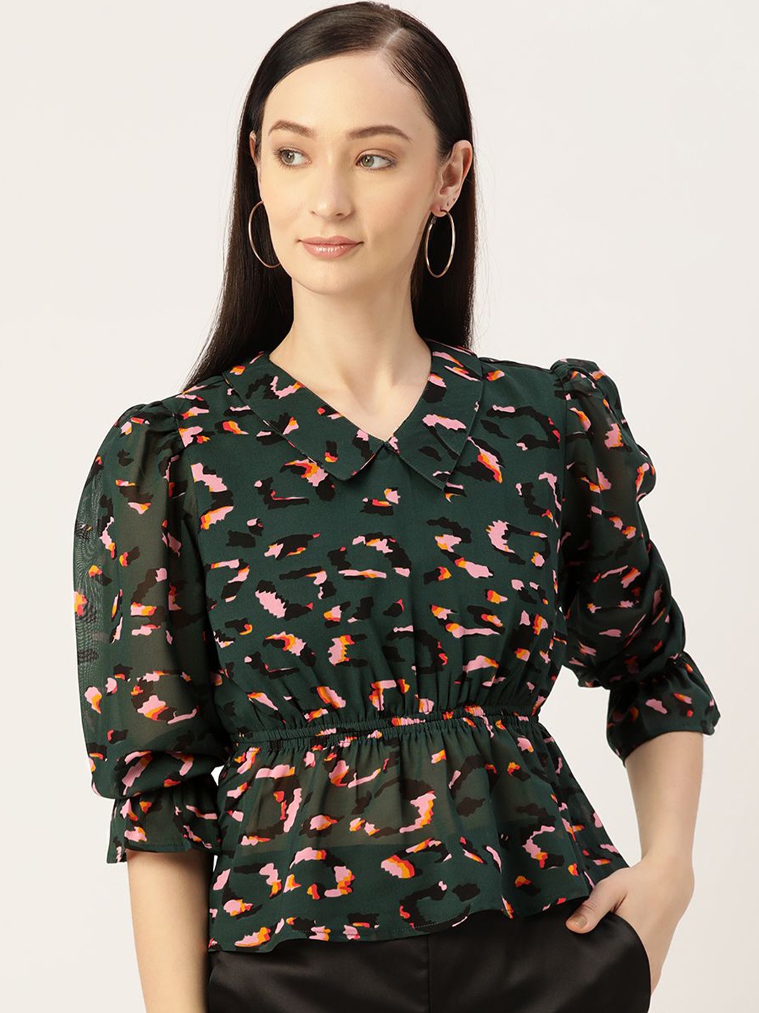 

Moda Rapido Print Peter Pan Collar Puff Sleeve Georgette Peplum Top, Green