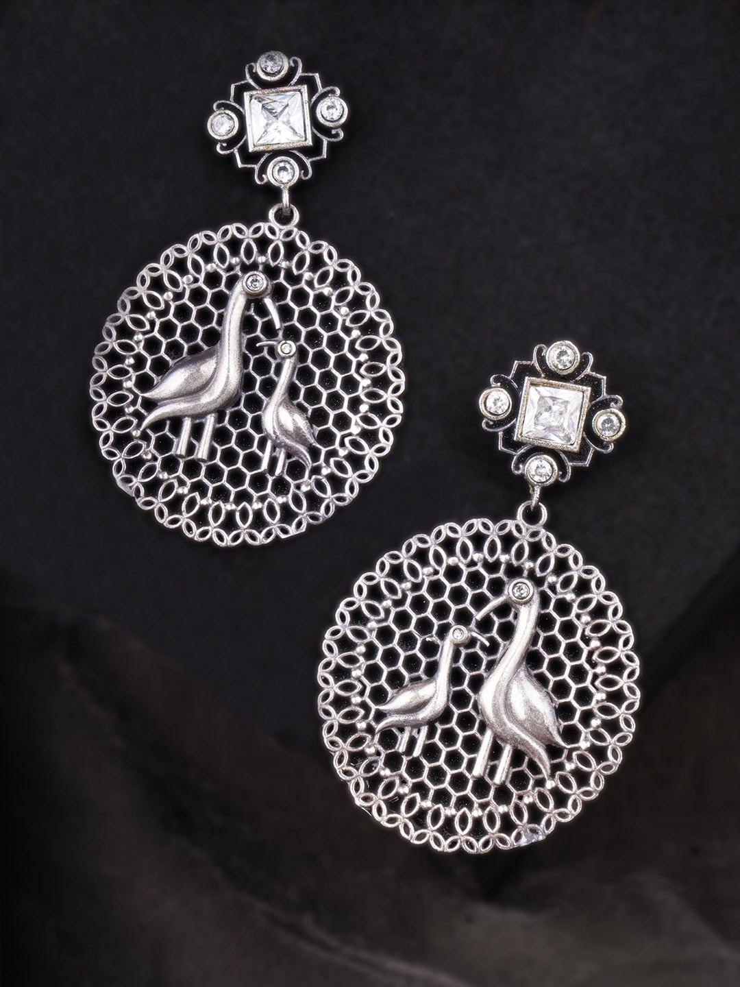 

Sangria White Silver-Plated Contemporary Peacock Shaped Oxidised Drop Earring