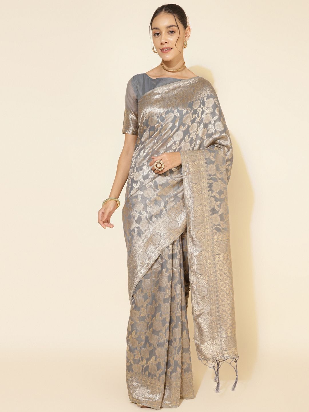 

Indeloom Woven Design Zari Silk Blend Chanderi Saree, Grey