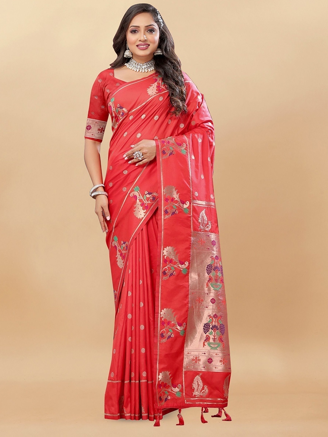 

bansari textiles Woven Design Paithani Saree, Red