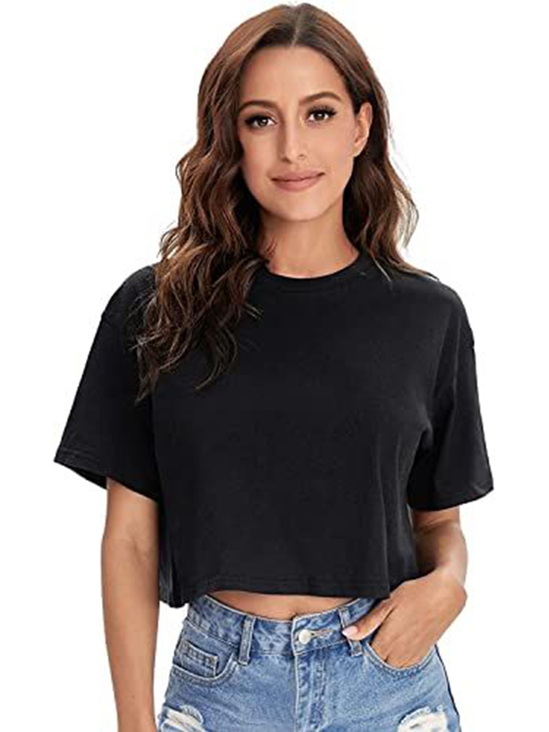 

NOTWILD Women Solid Round Neck Cotton Relaxed Fit T-shirt, Black