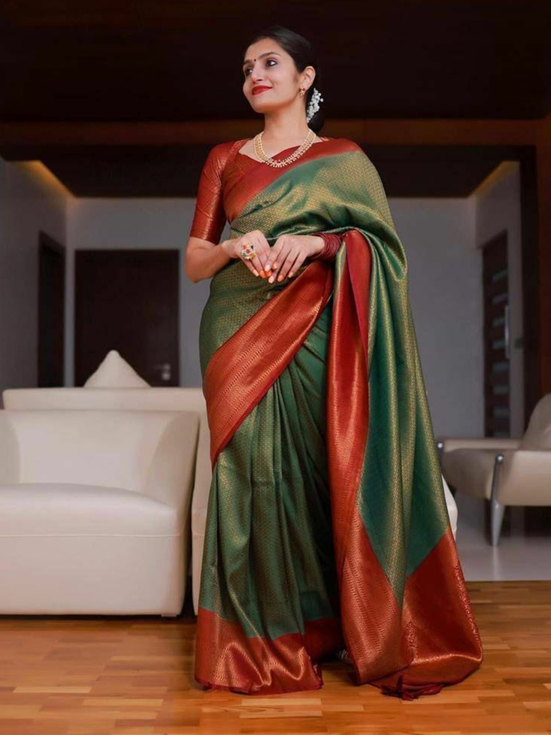 

bansari textiles Woven Design Zari Jute Silk Banarasi Saree, Green