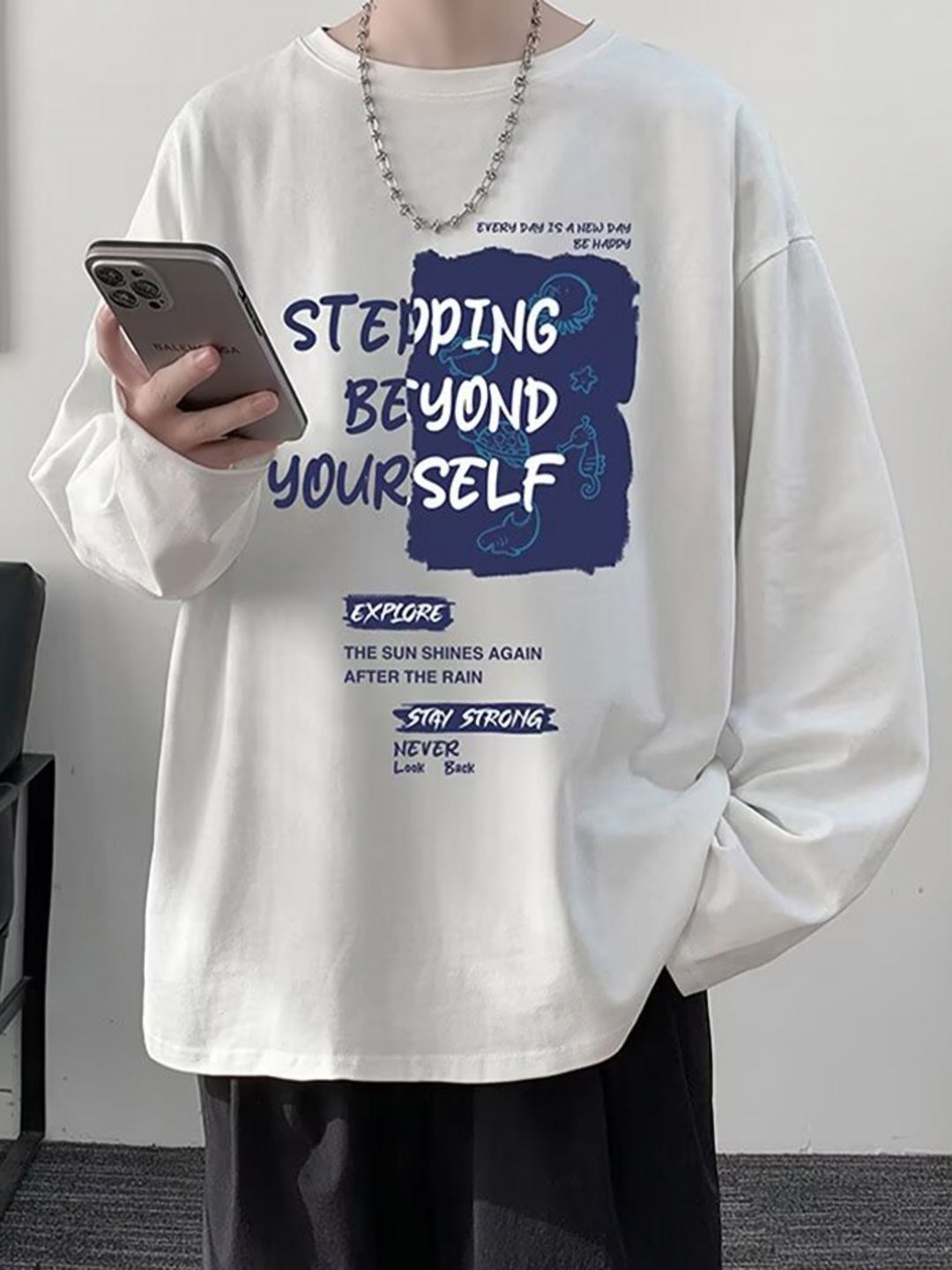 

HERE&NOW Men Typography Printed Round Neck Cotton Oversized T-shirt, White