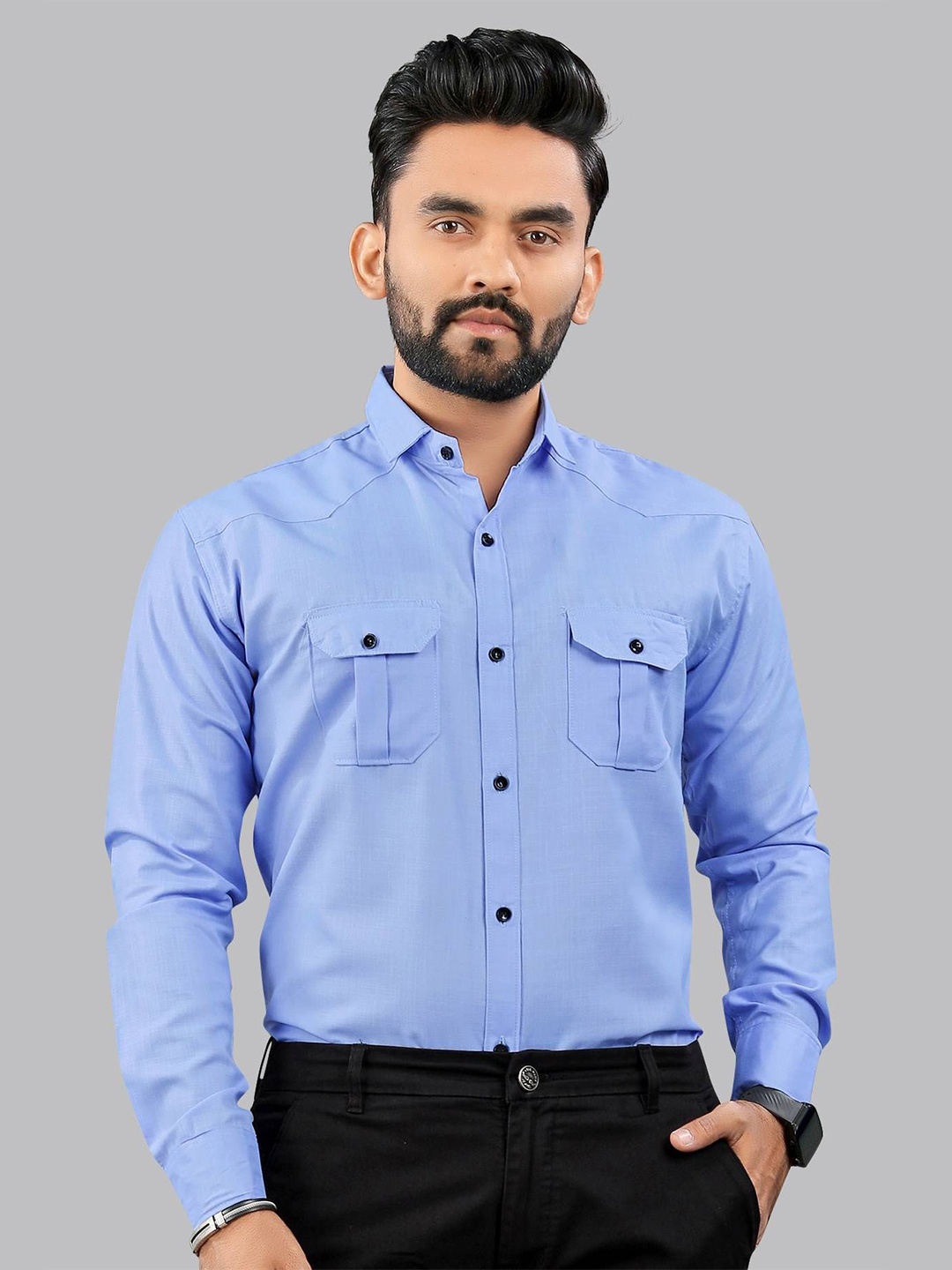 

IKON FASHION Men Original Fit Spread Collar Solid Cotton Casual Shirt, Blue
