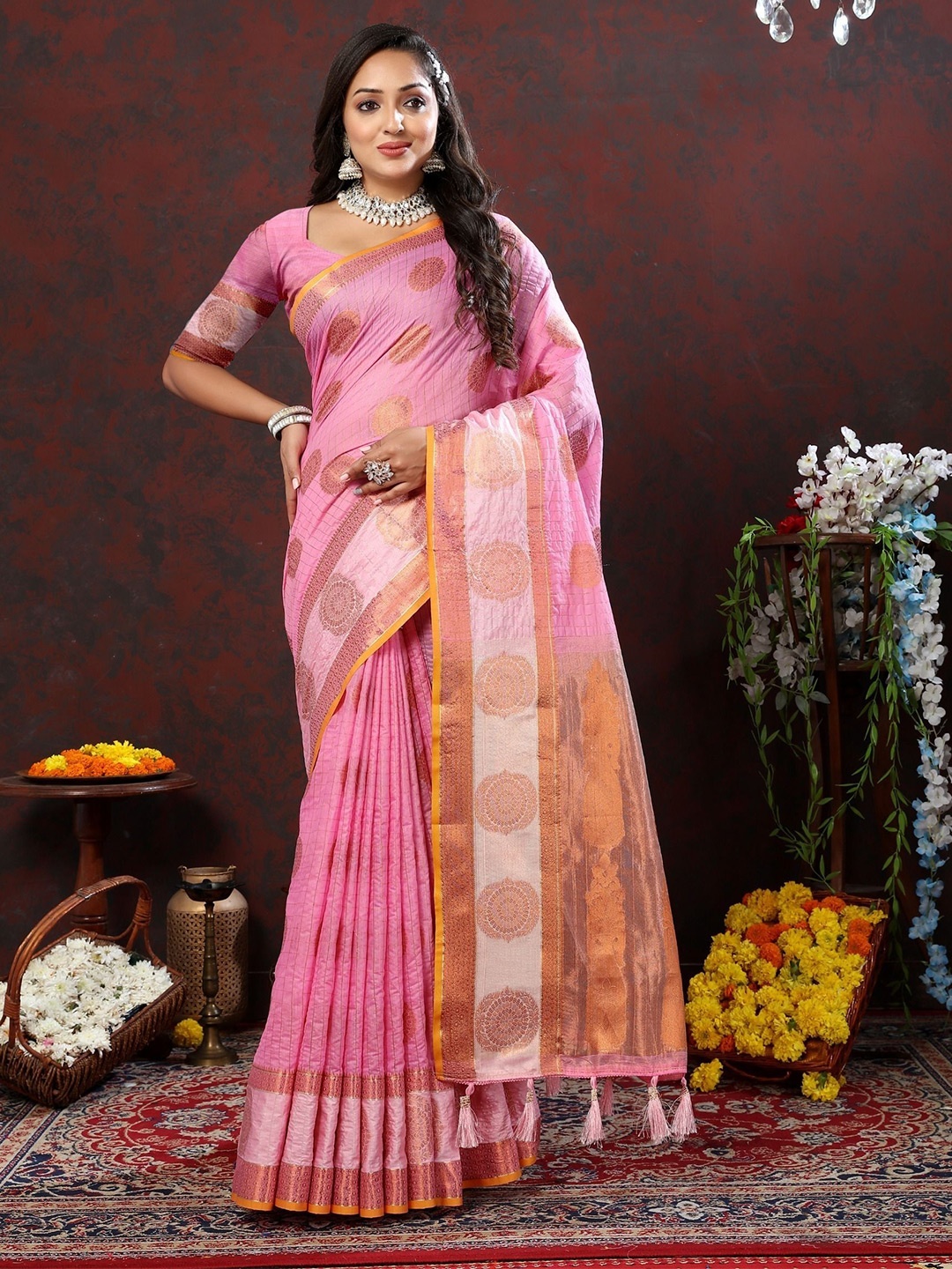 

bansari textiles Woven Design Zari Paithani Saree, Pink