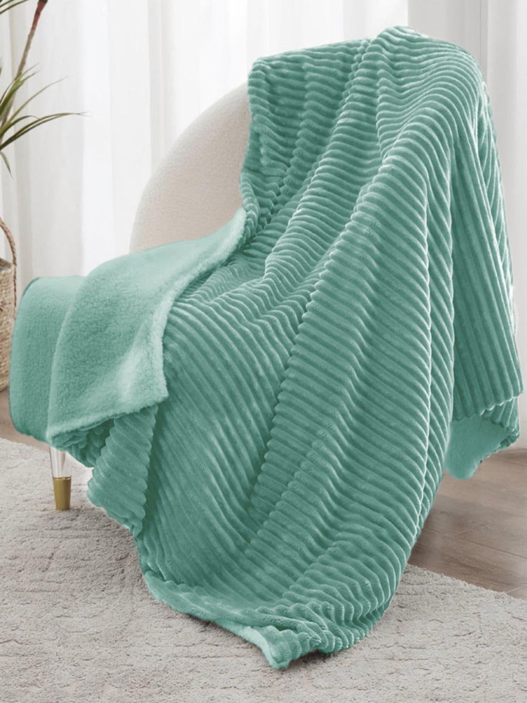 

VAS COLLECTIONS Sherpa Sea Green Striped Fur Mild Winter 500 GSM Single Bed Blanket