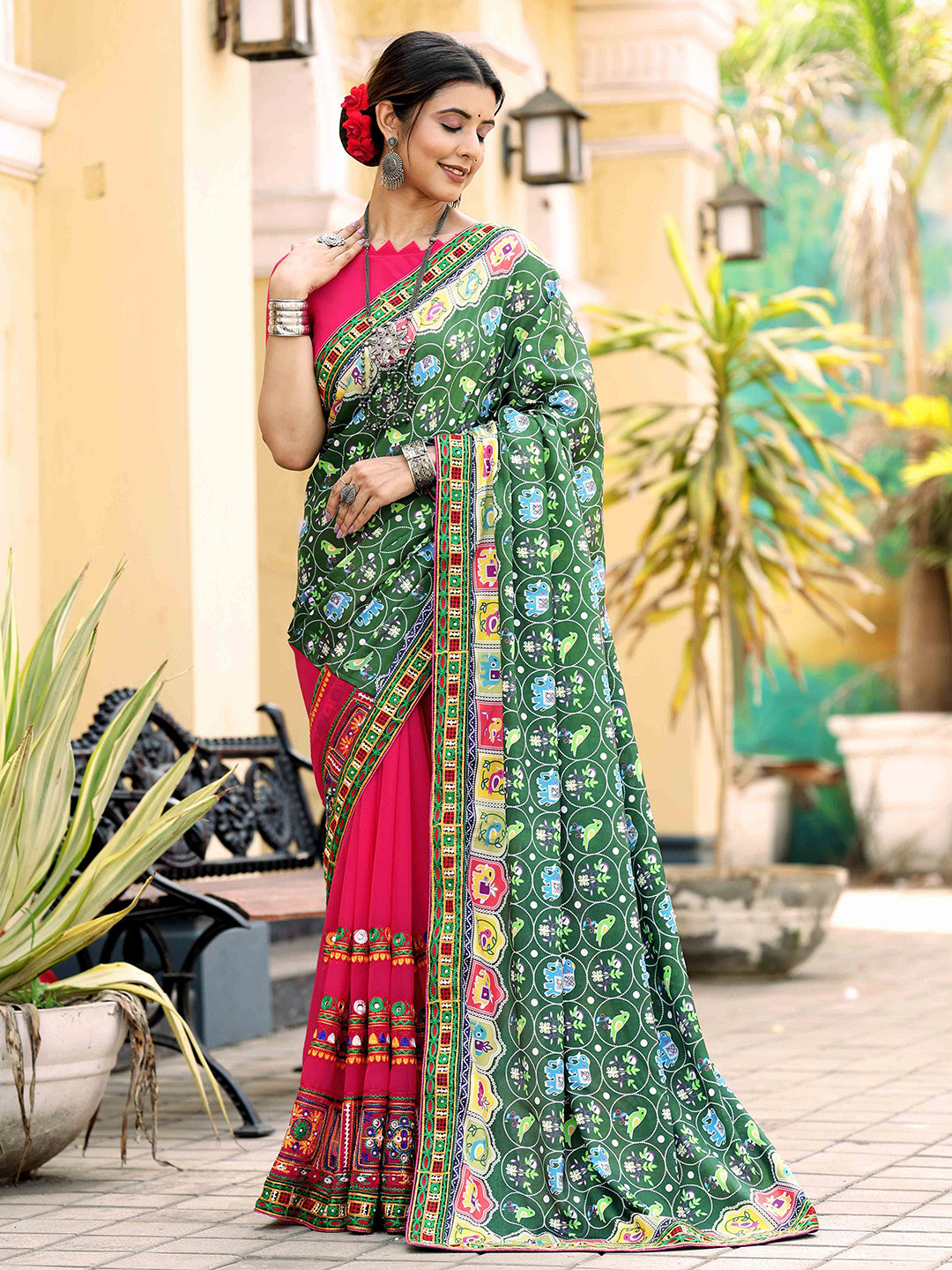 

Blissta Embroidered Patola Saree, Green