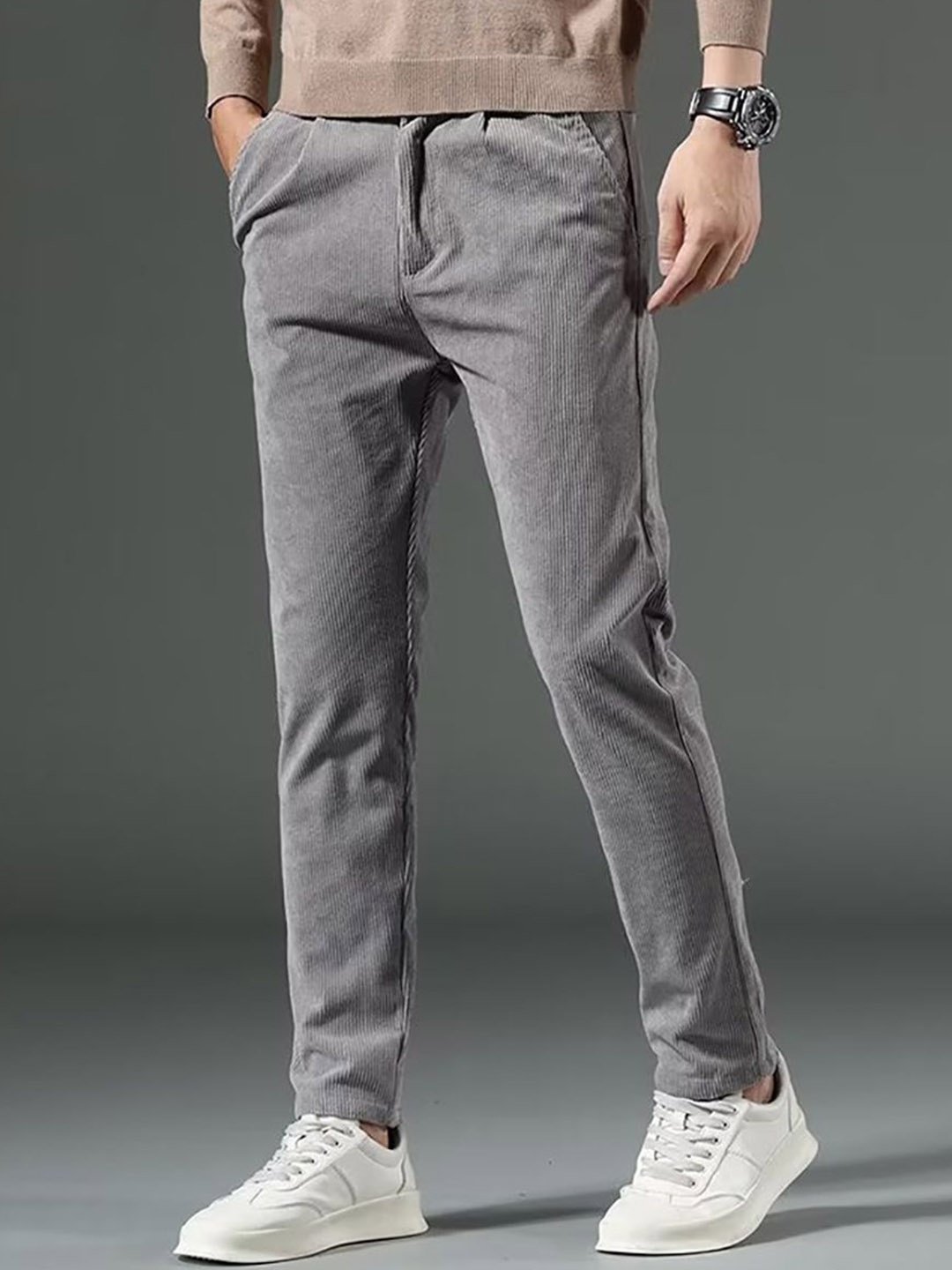 

StyleCast x Revolte Men Skinny Fit Mid-Rise Anti Fit Trousers, Grey