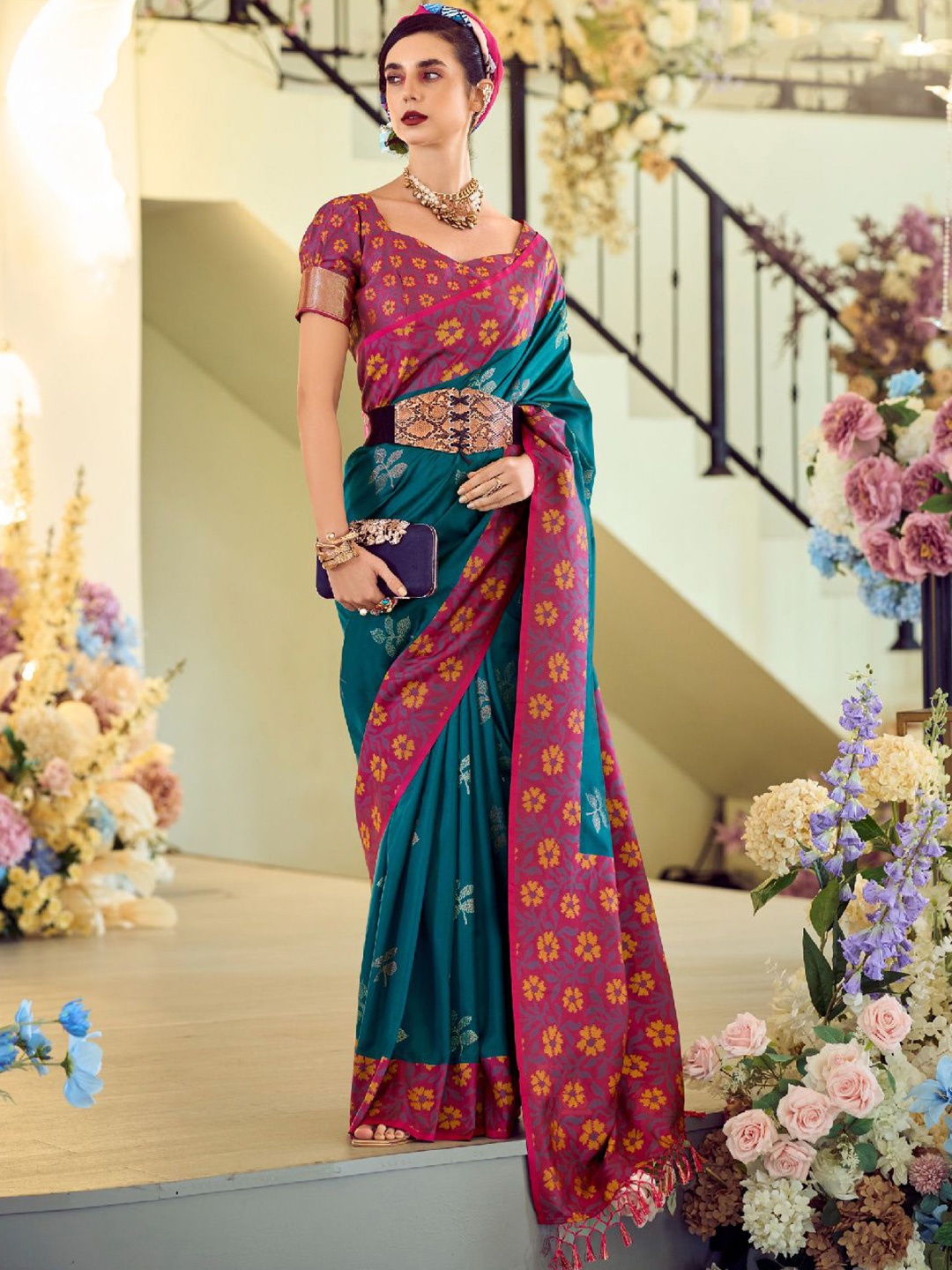 

Mitera Woven Design Zari Ikat Saree, Teal