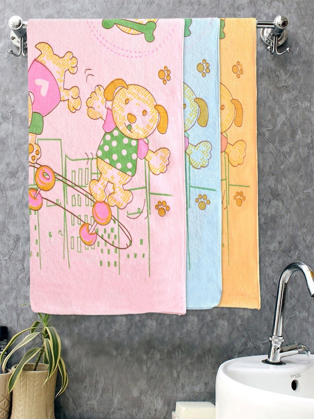 

FABINALIV Kids Yellow & Blue 3 Pieces Printed Cotton 420 GSM Bath Towel
