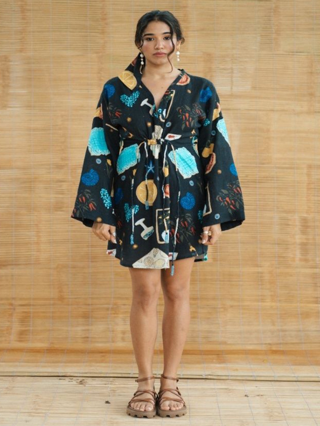 

LABEL SUGAR Women Graphic Printed Flared Sleeve Wrap Dress, Black