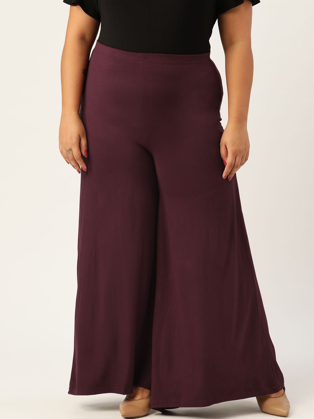 

theRebelinme Women Plus Size Flared Knitted Palazzos, Brown