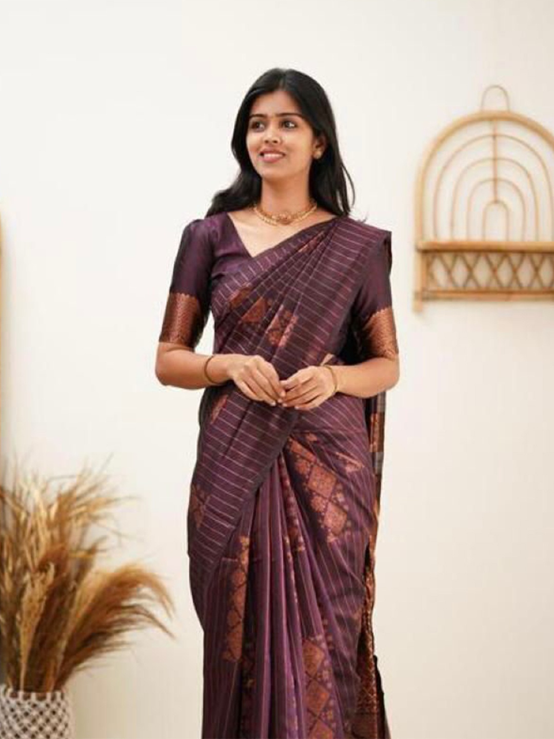 

bansari textiles Woven Design Zari Pure Silk Tussar Saree, Purple
