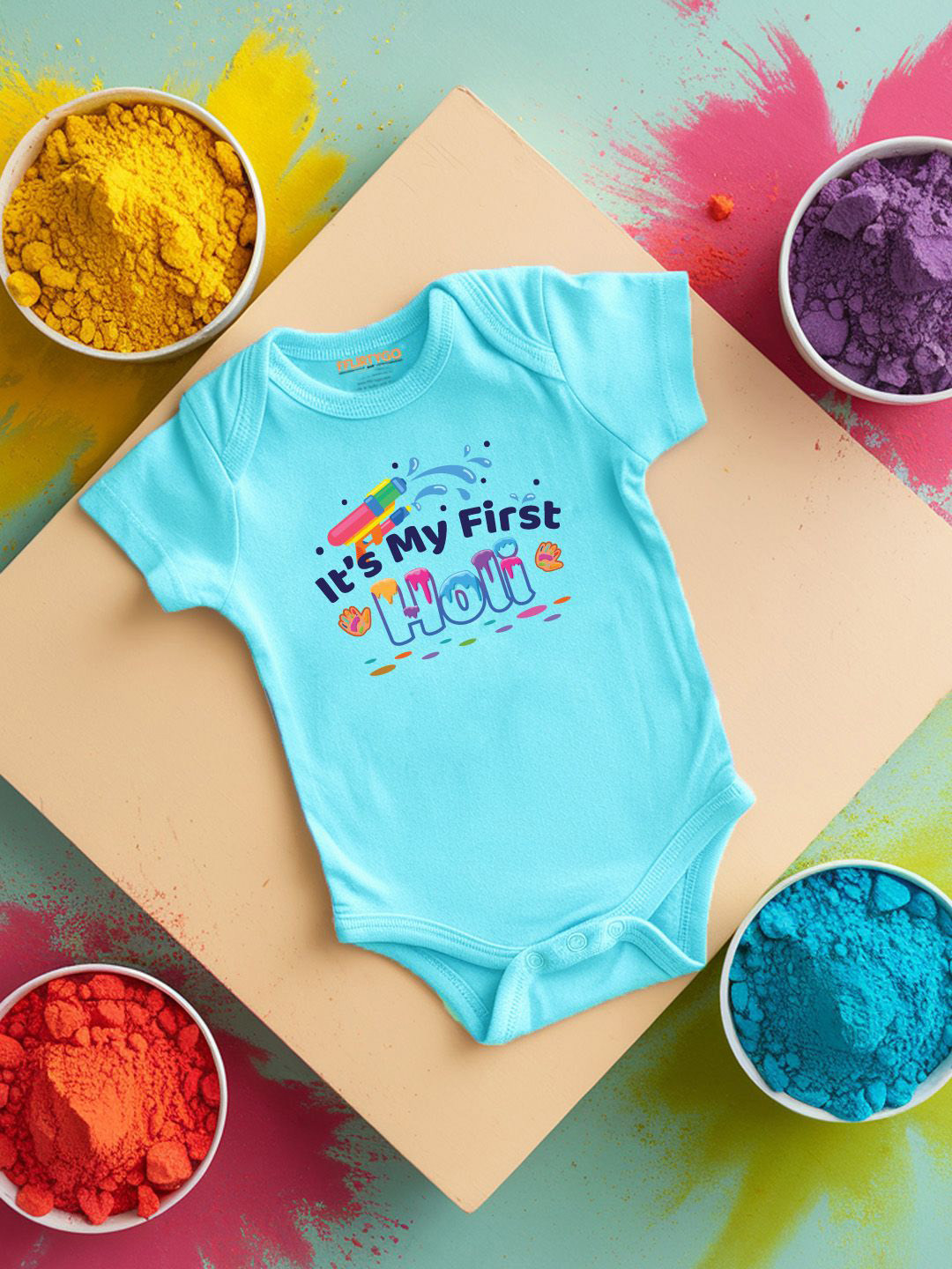 

FFLIRTYGO Infants Holi Printed Cotton Bodysuit, Turquoise blue