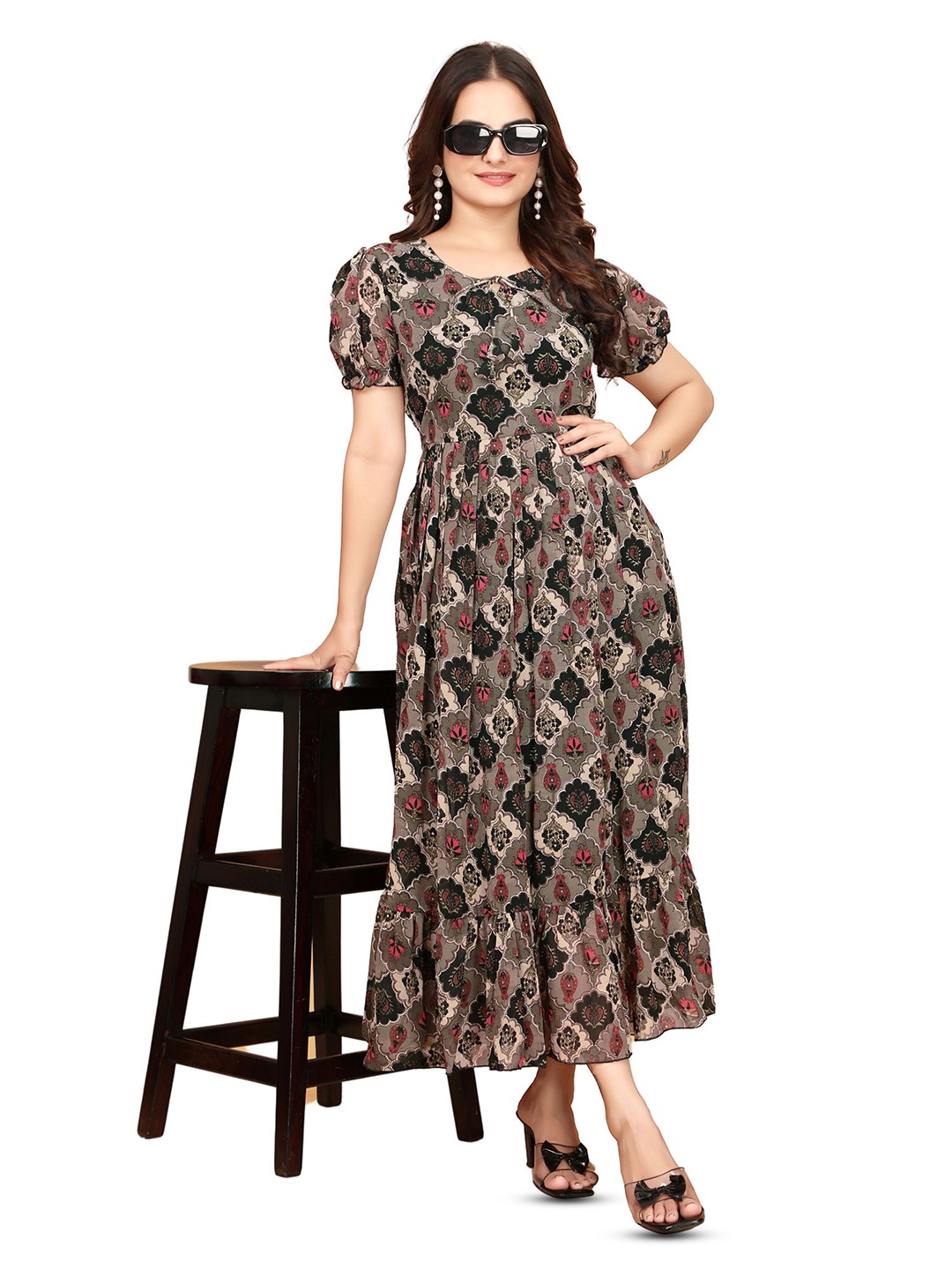 

Anouk Floral Printed Puff Sleeve Maxi Dress, Grey