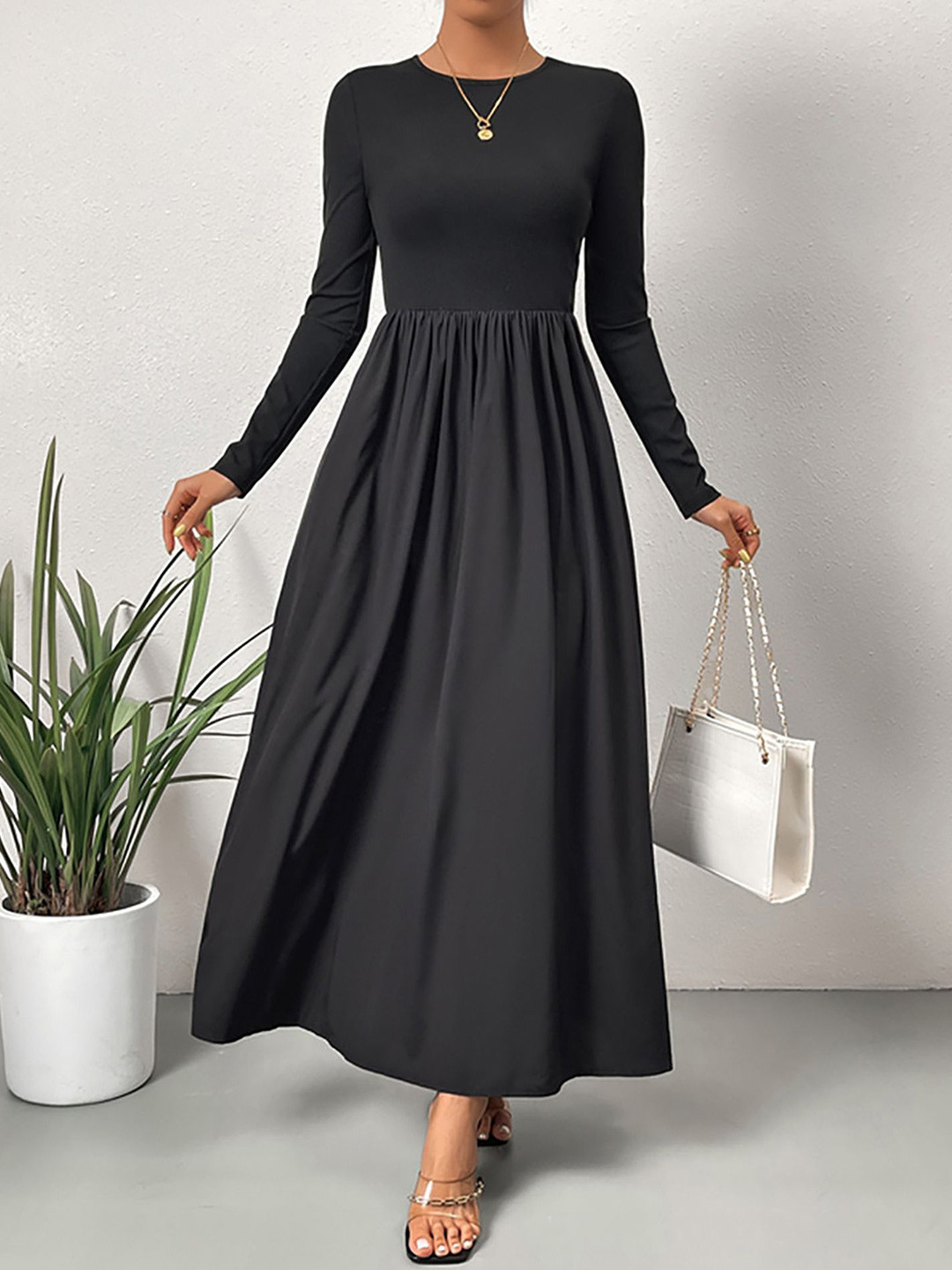 

StyleCast x Revolte Women Round Neck Fit and Flare Midi Dress, Black