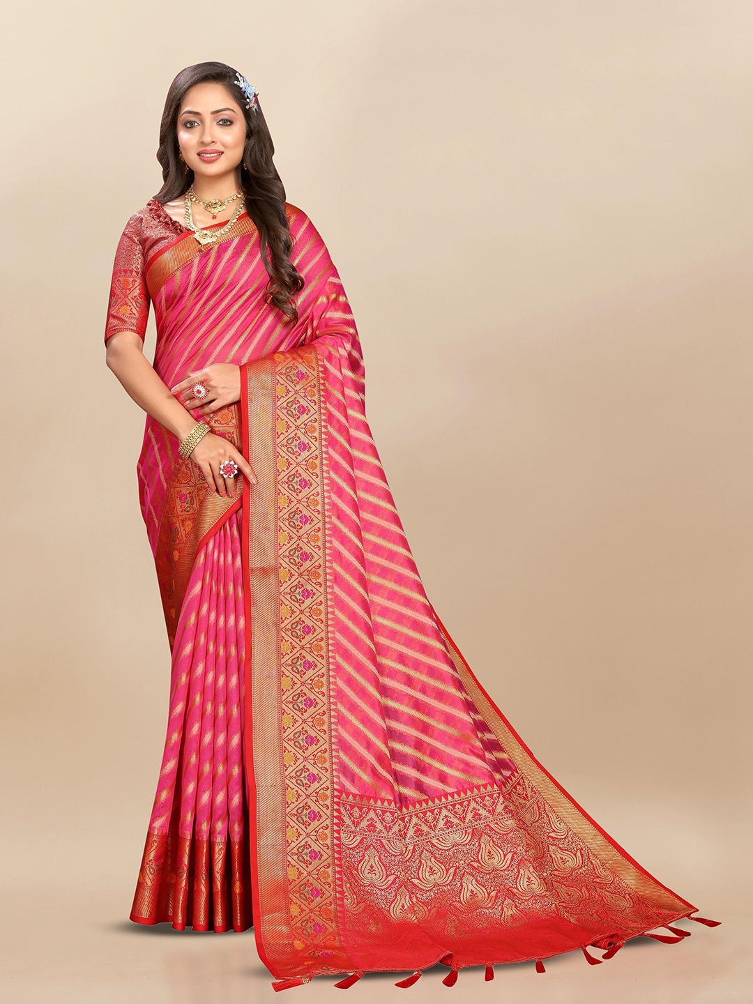 

bansari textiles Striped Woven Design Banarasi Saree, Pink