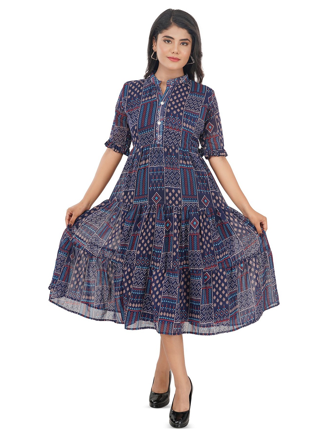 

Edla Women Ethnic Motifs Print A-Line Midi Dress, Blue