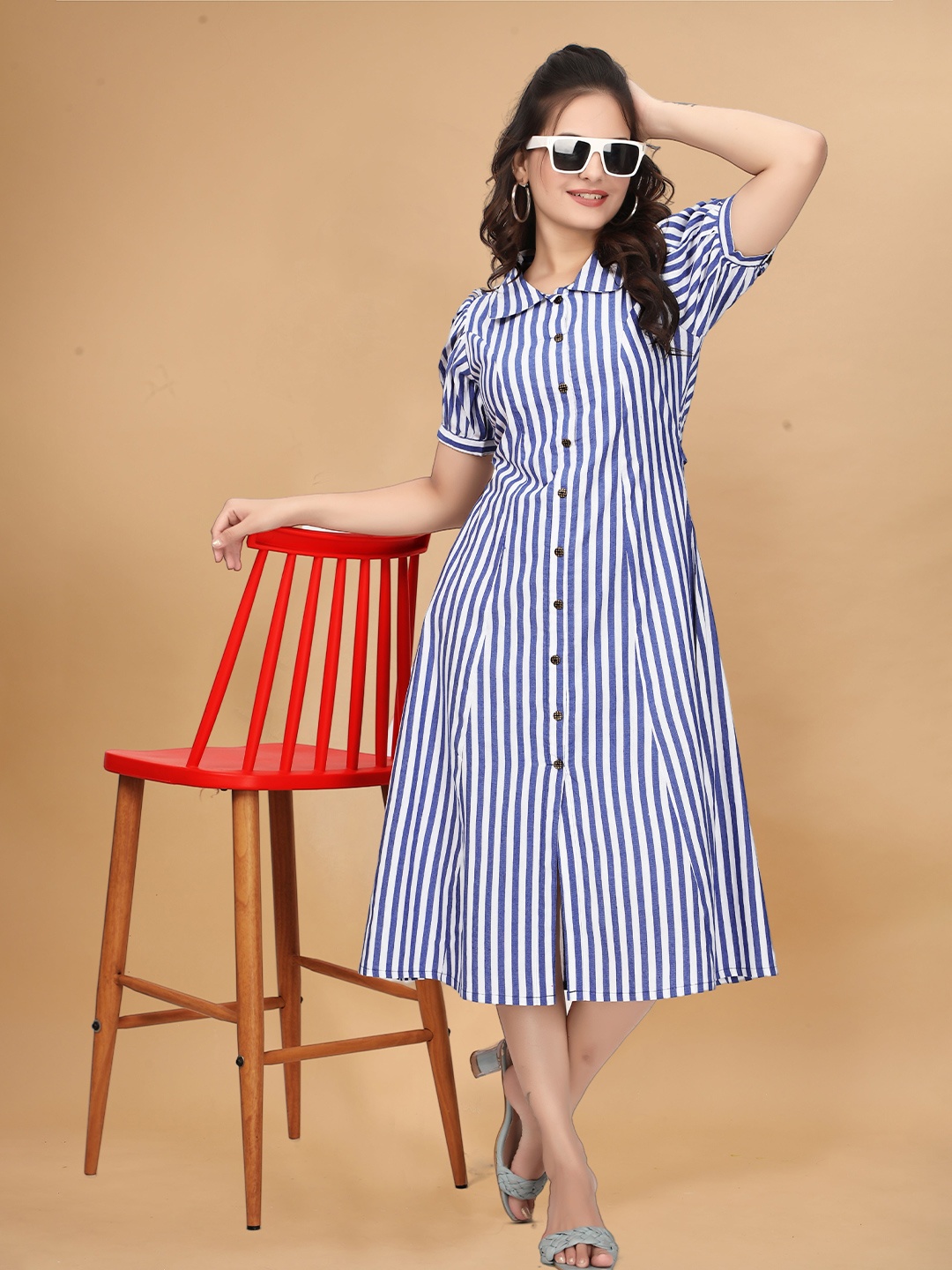 

QENA Women Cotton Striped Puff Sleeve Shirt Midi Dress with Slits, Blue