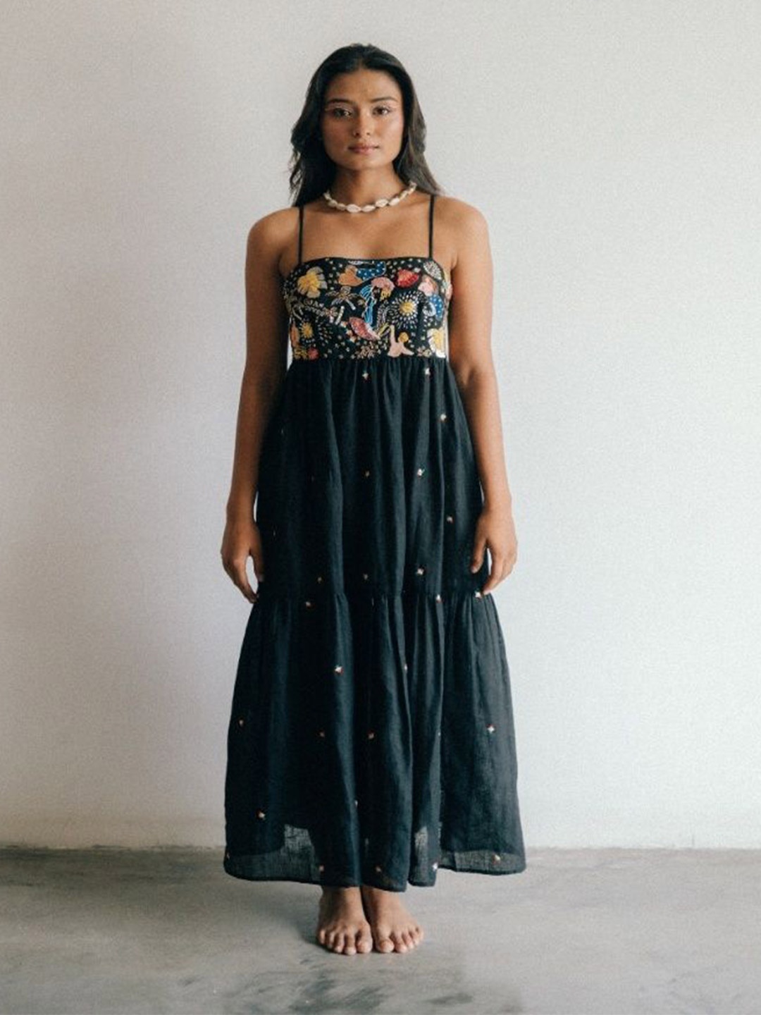 

LABEL SUGAR Ethnic Motifs Embroidered Fit & Flare Maxi Dress, Black