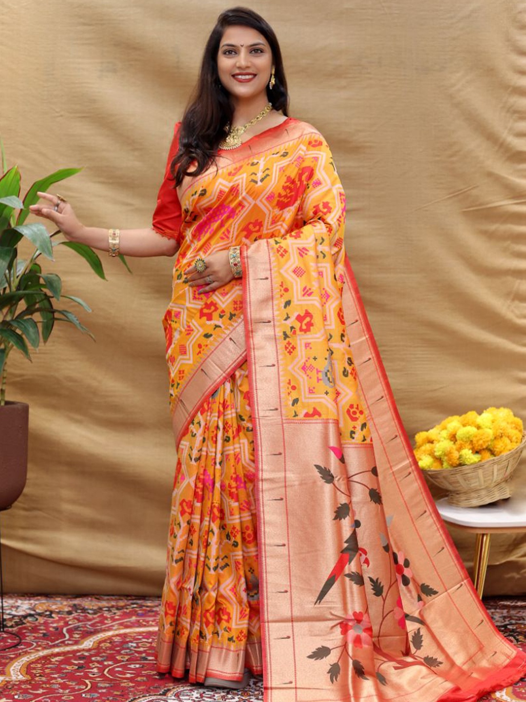 

amirat Ethnic Motifs Woven Design Zari Pure Silk Patola Saree, Yellow