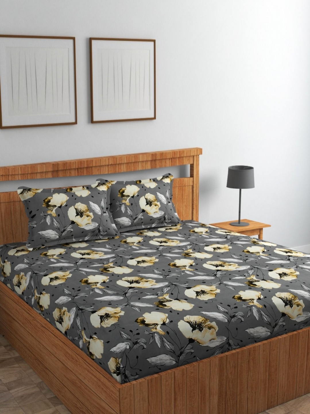 

Jizzby Grey & Beige Printed 240 TC Cotton Queen Bedsheet Set 2.28 m x 2.54 m