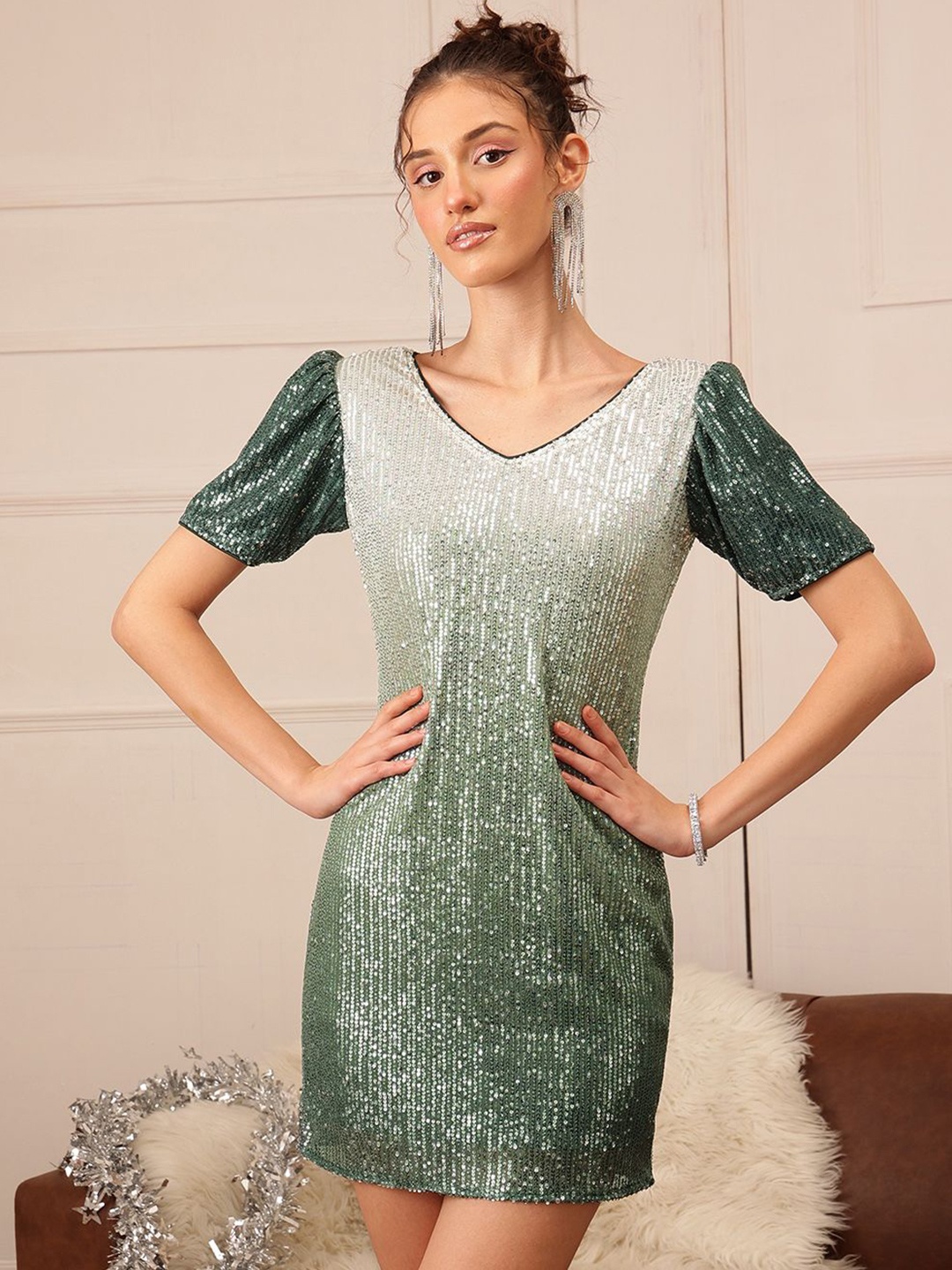 

CORSICA Women Embellished Net A-Line Mini Dress, Green