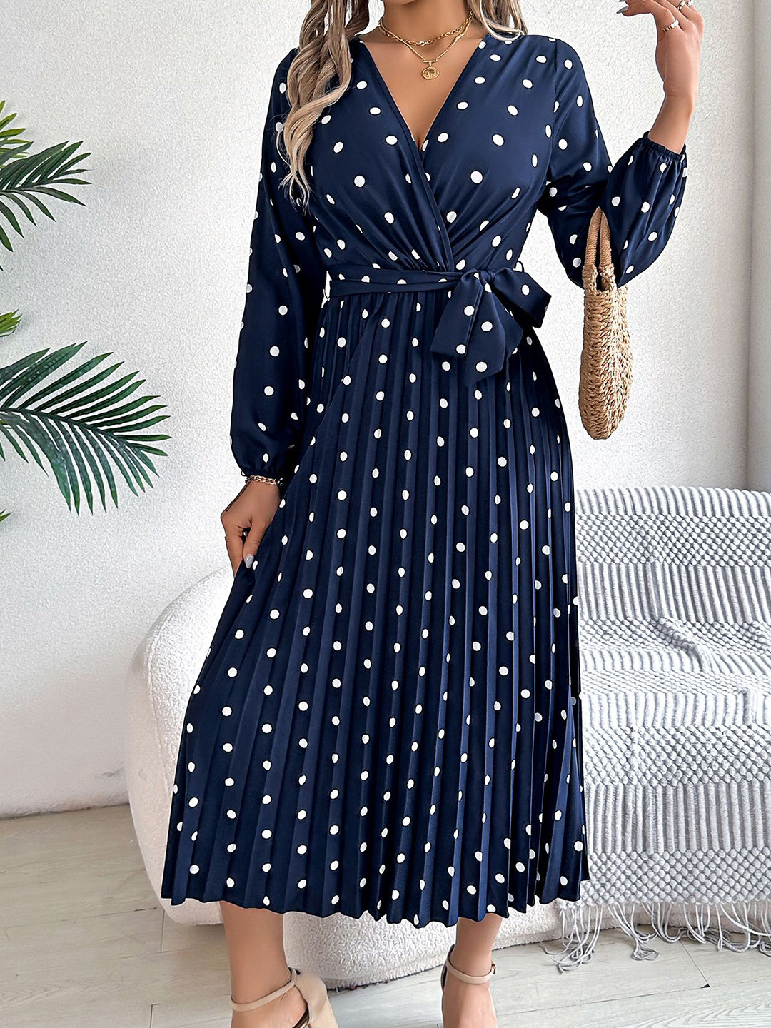 

StyleCast x Revolte Women Polka Dot Printed Wrap Midi Dress, Navy blue
