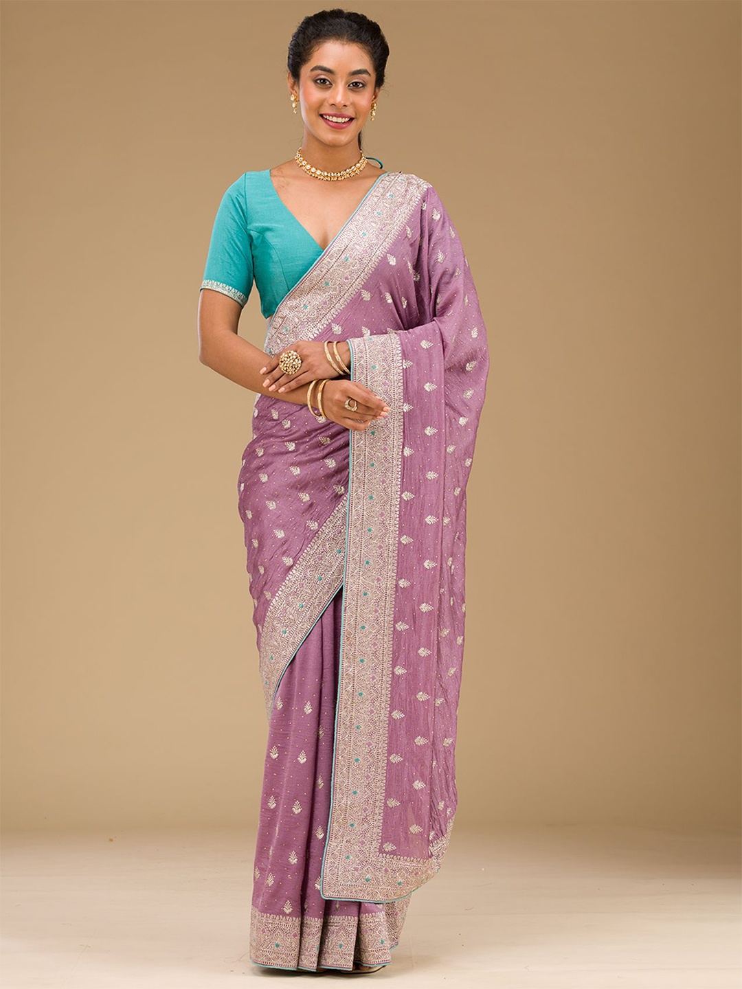 

Koskii Lavender Zariwork Silk Saree, Purple